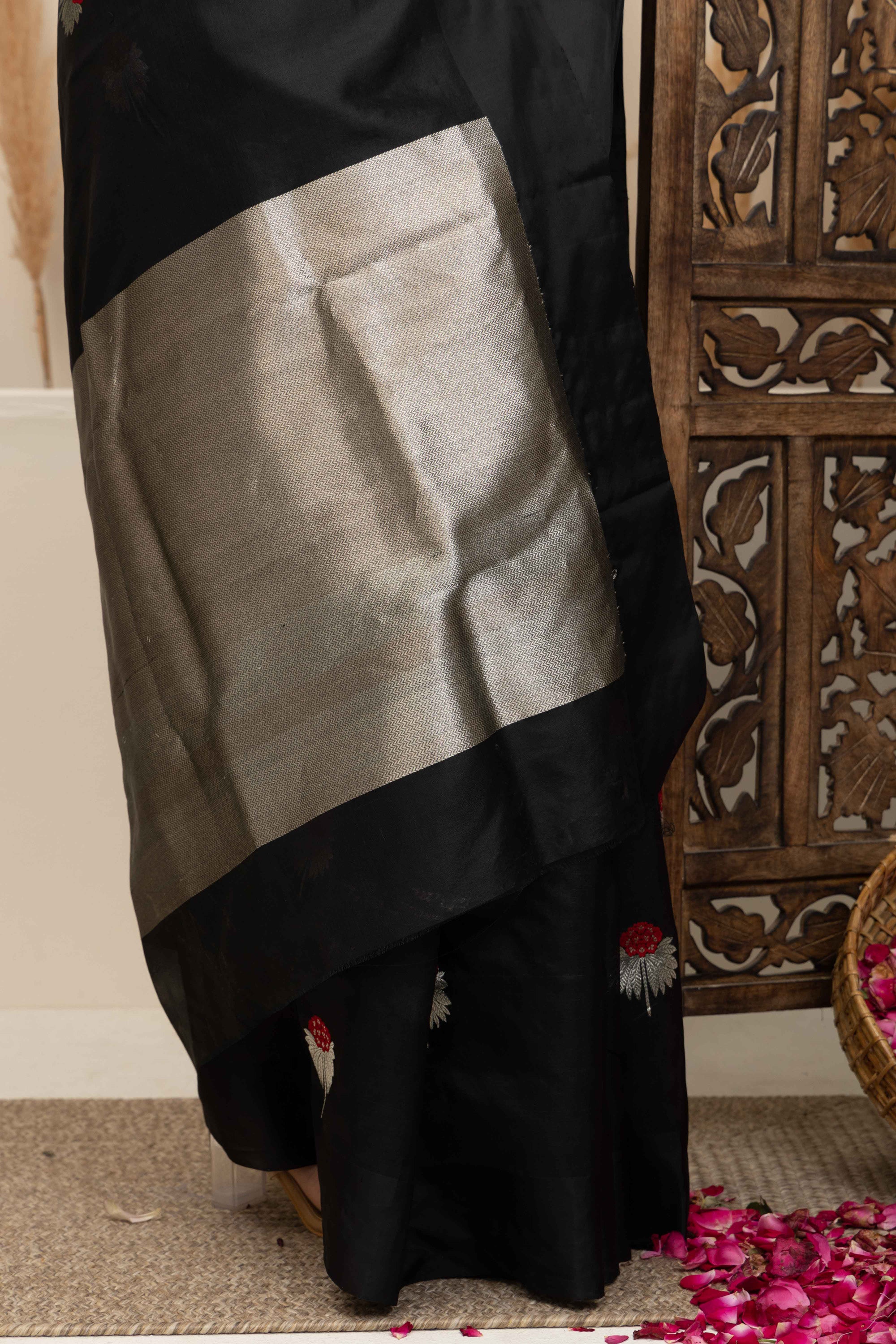 Chanderi handwoven black pure silk saree with large bute all over, self silk border and a zari pallu