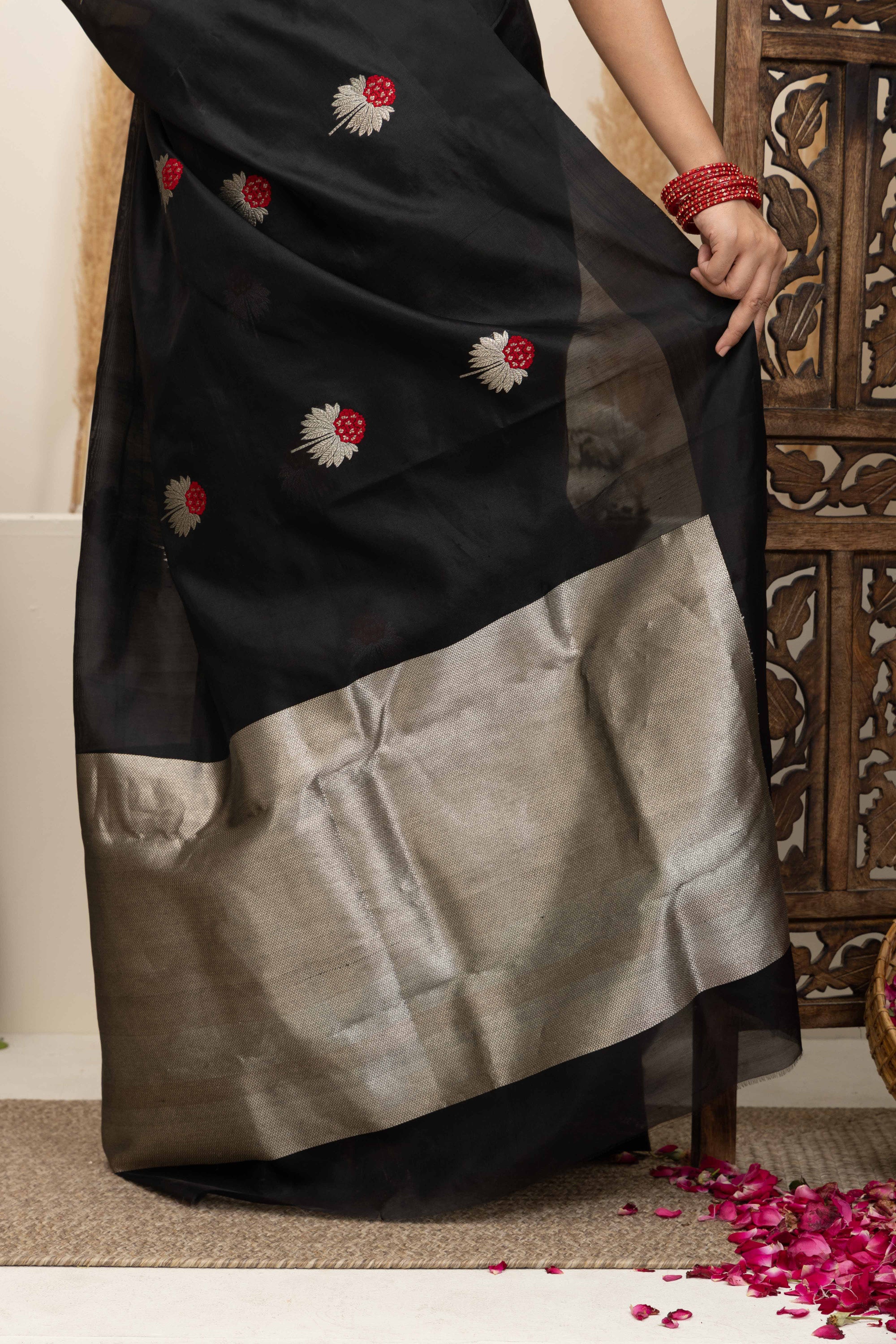 Chanderi handwoven black pure silk saree with large bute all over, self silk border and a zari pallu