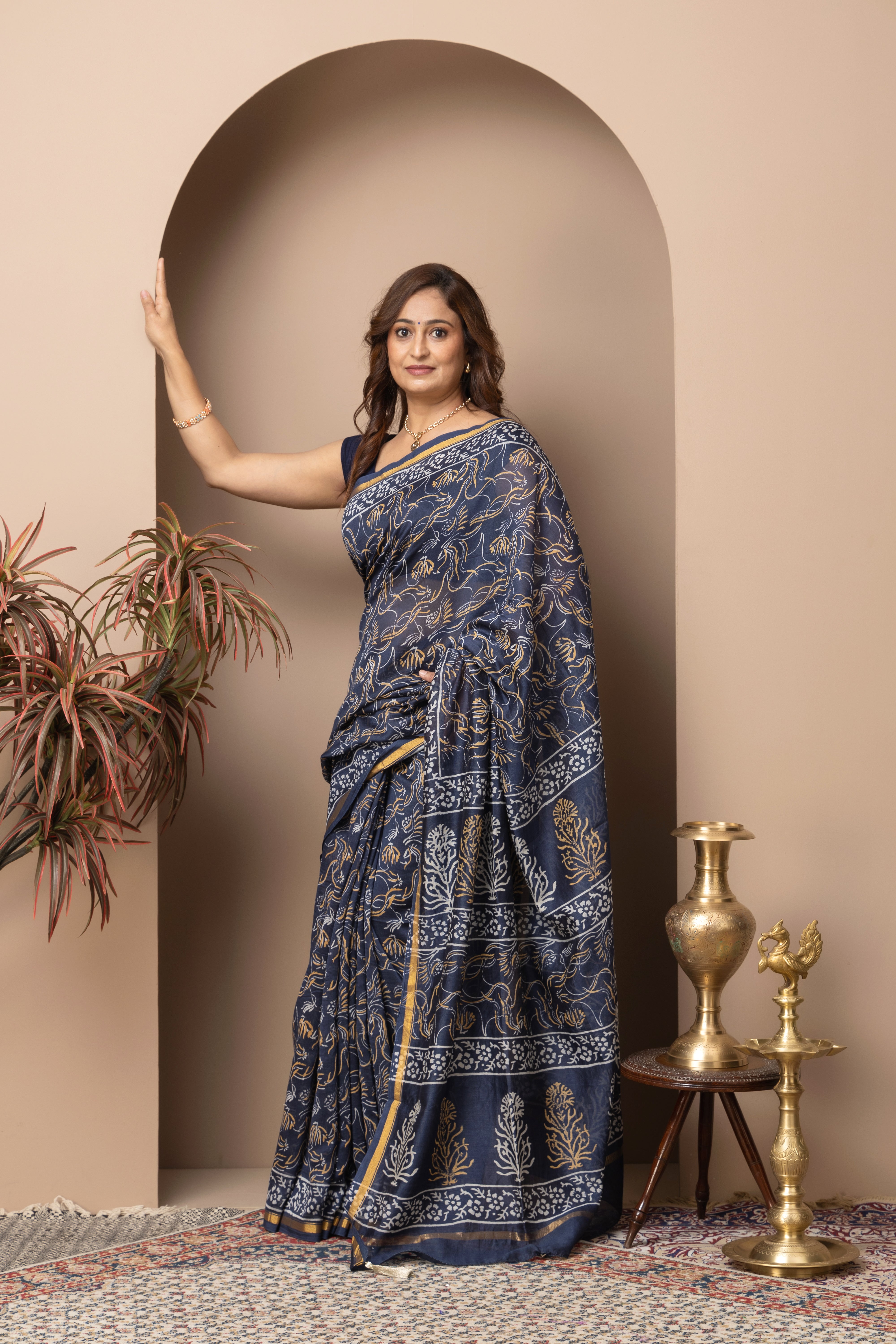 Chanderi cotton silk hand block indigo saree