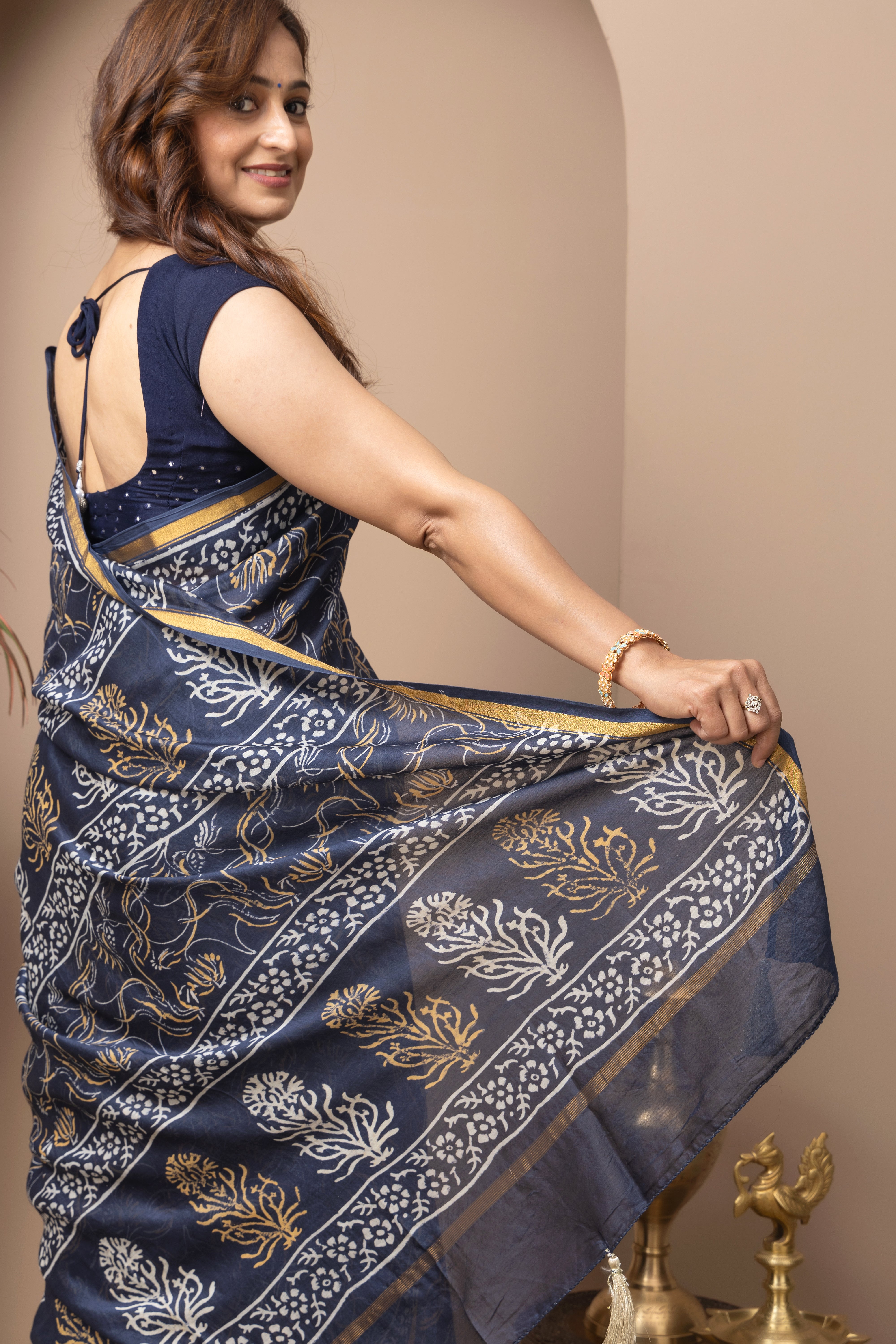 Chanderi cotton silk hand block indigo saree