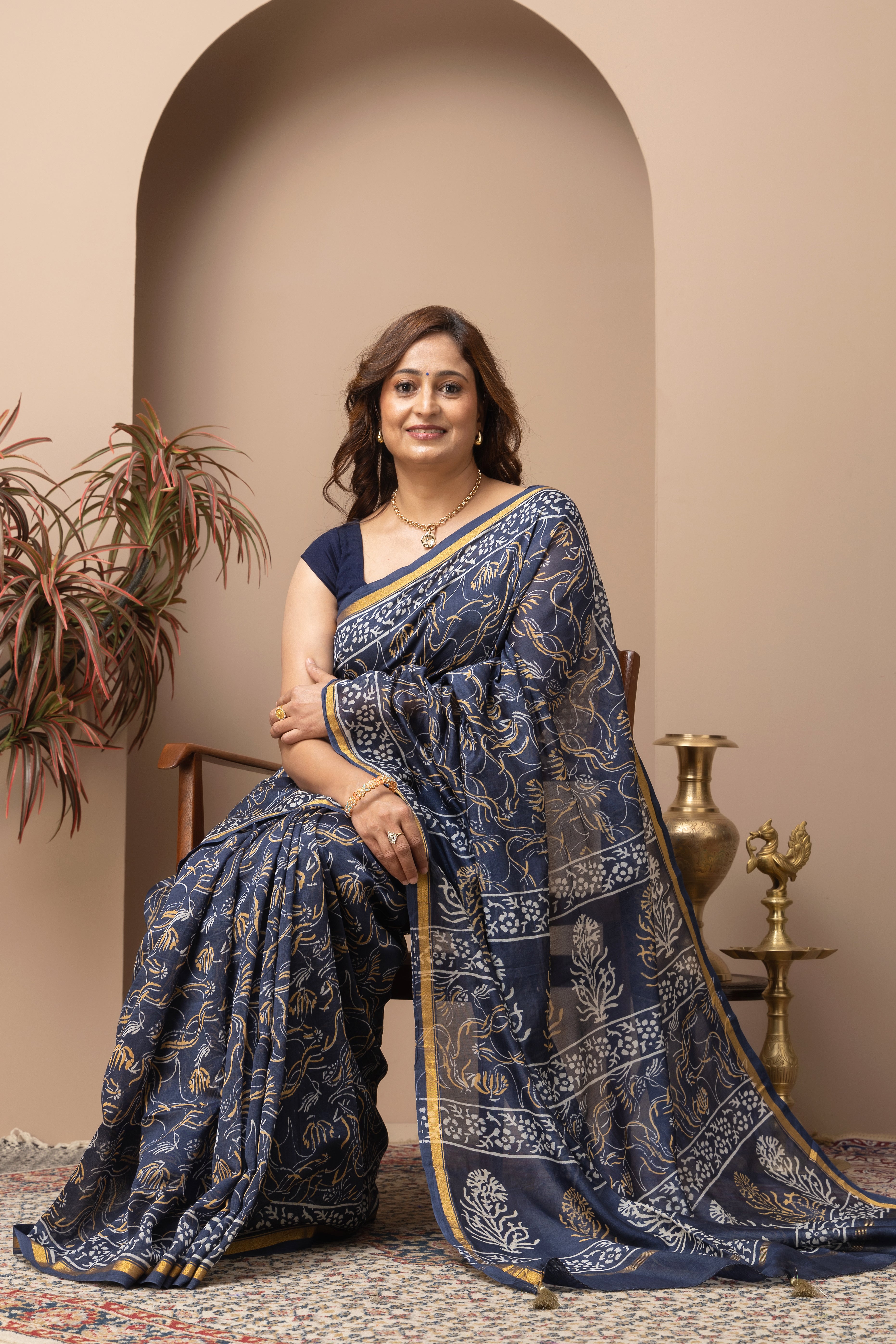 Chanderi cotton silk hand block indigo saree
