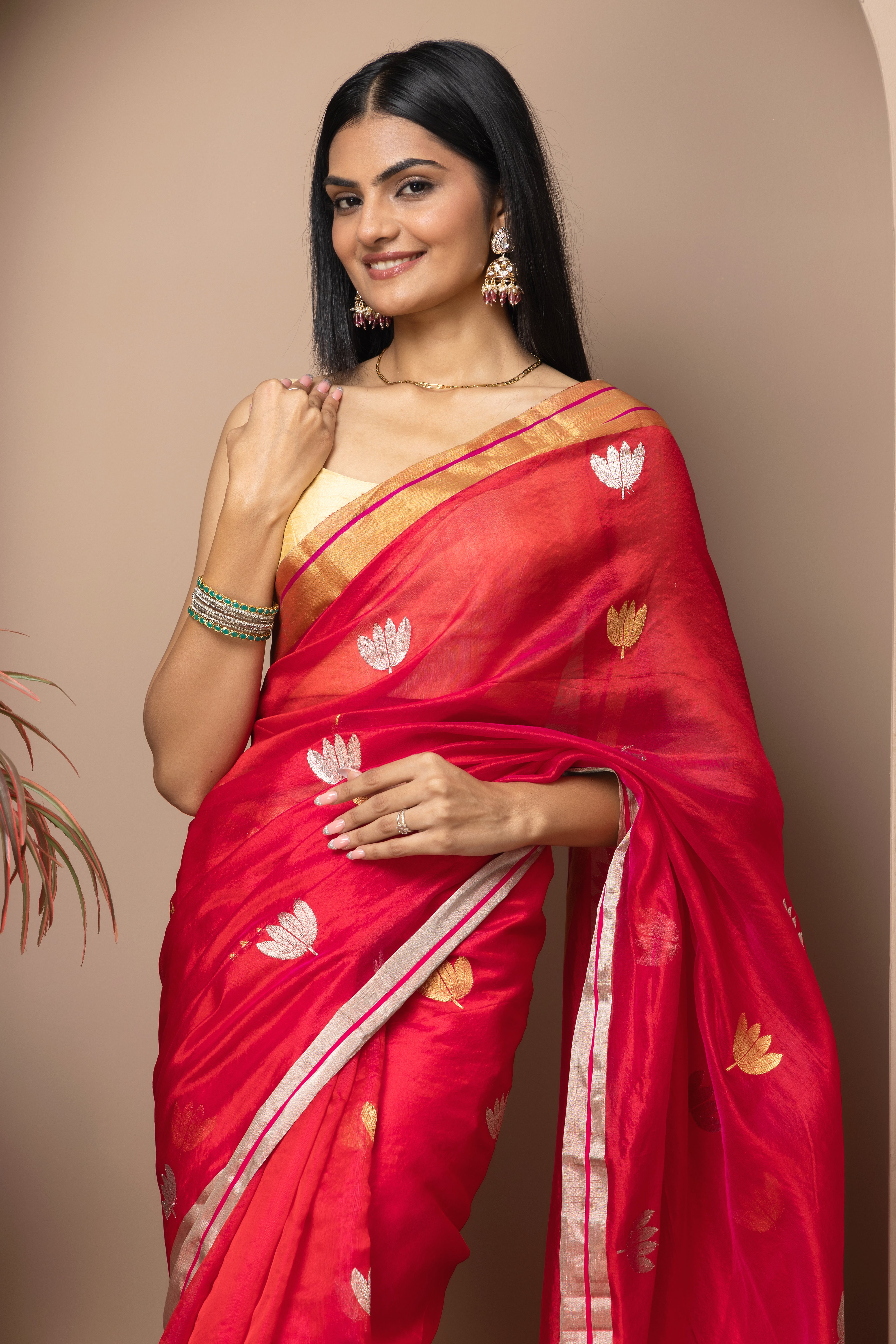 Chanderi handwoven pure pattu silk red saree