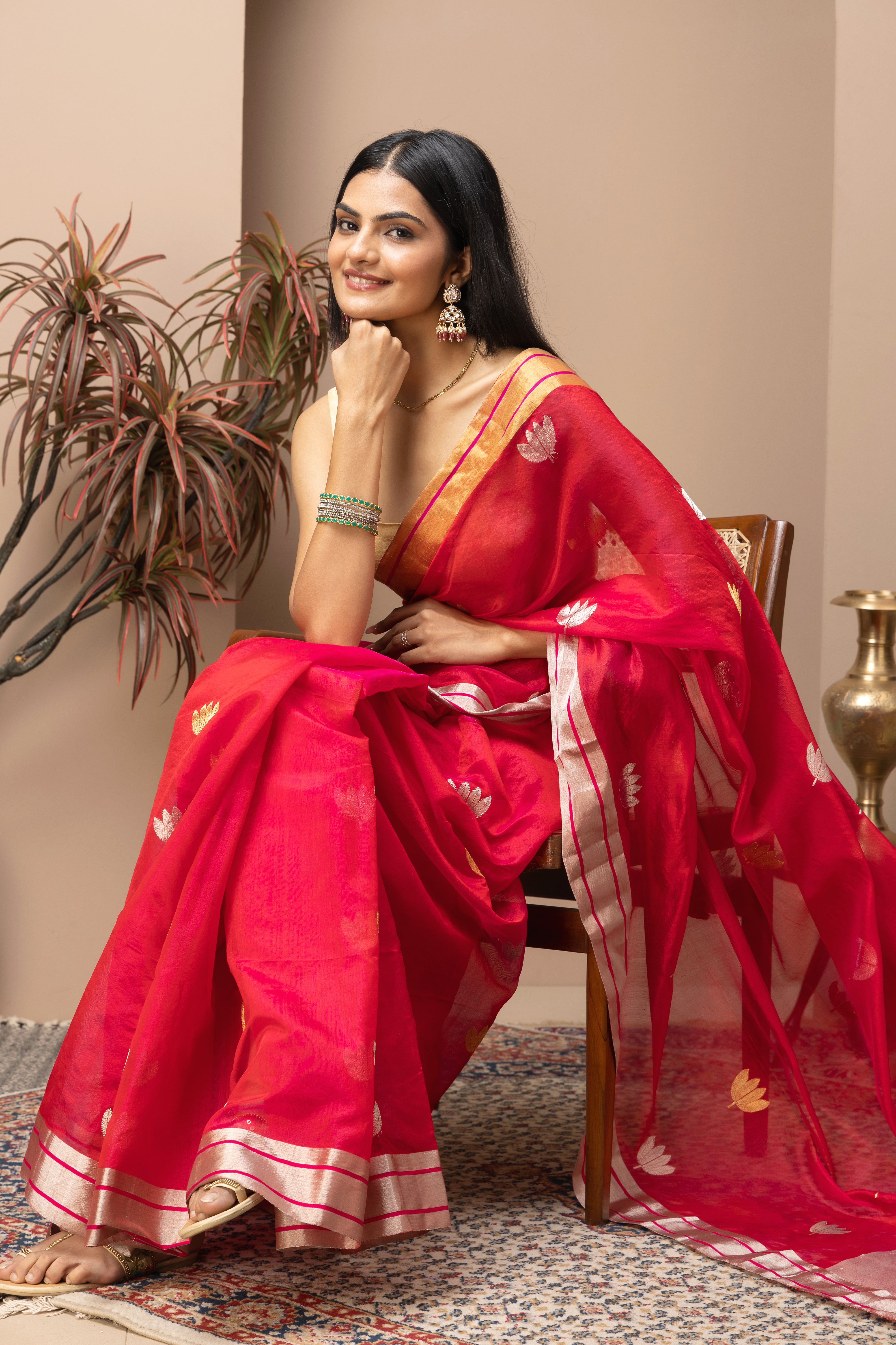Chanderi handwoven pure pattu silk red saree