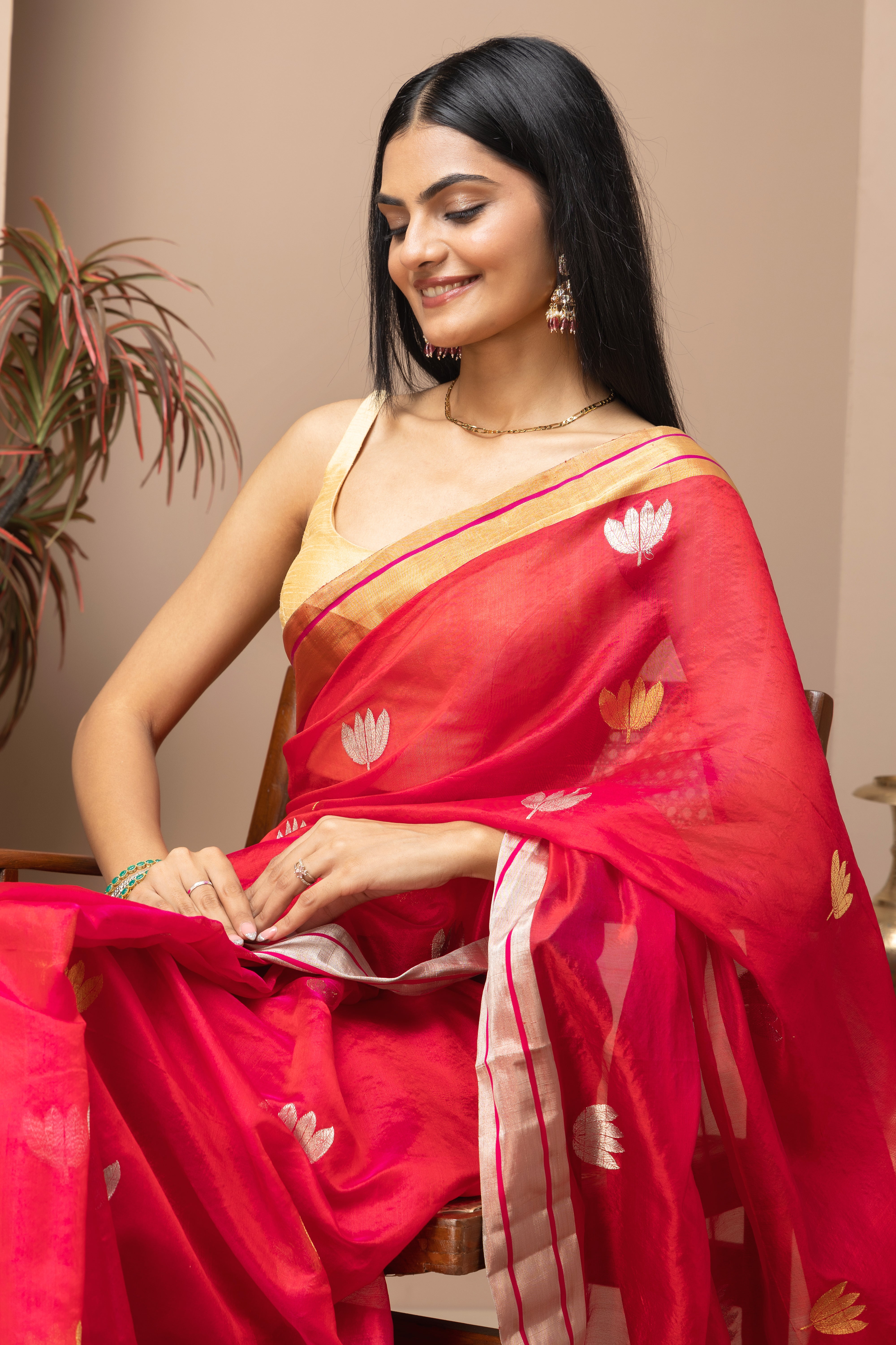 Chanderi handwoven pure pattu silk red saree