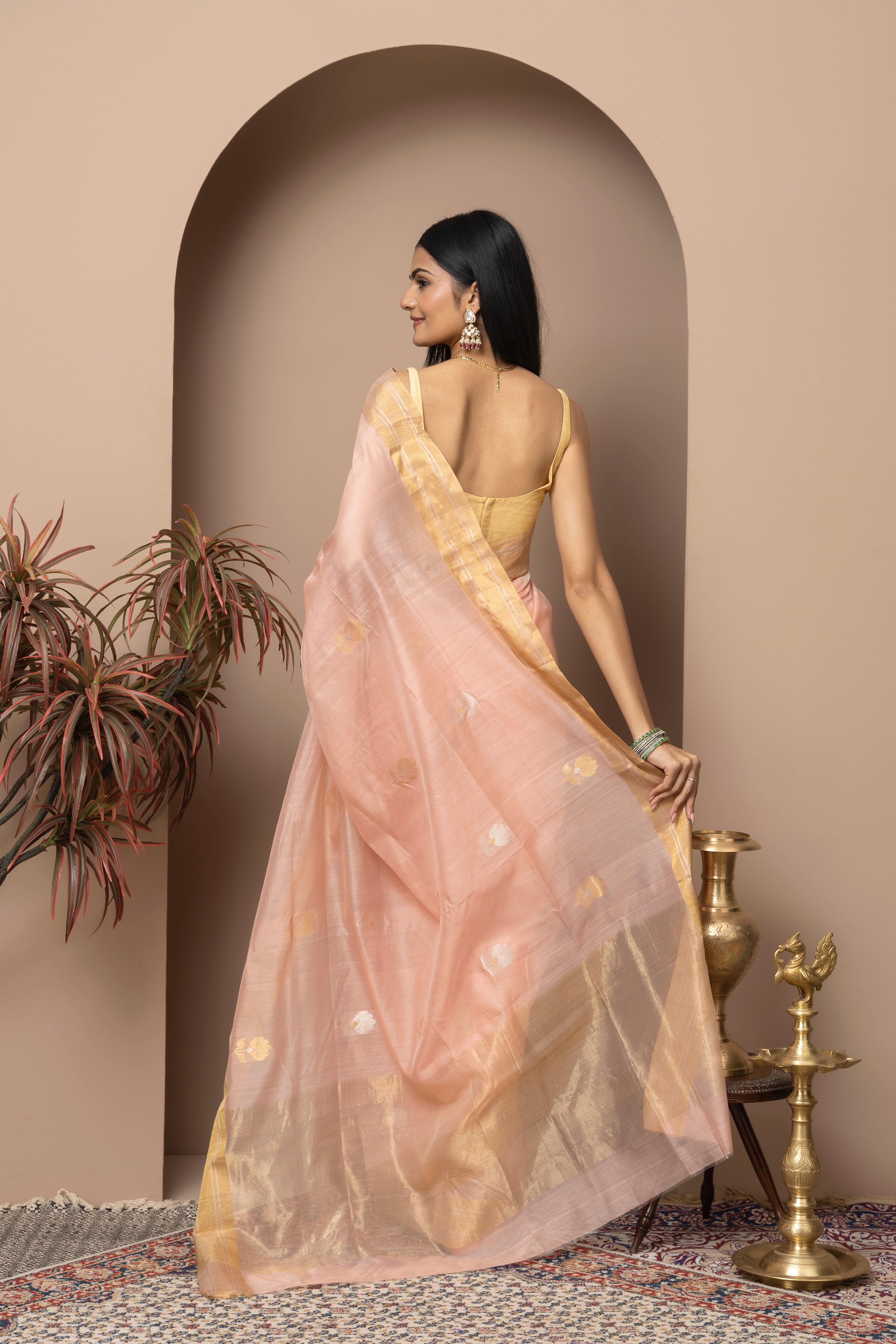 Chanderi handwoven pure pattu silk peach colour saree