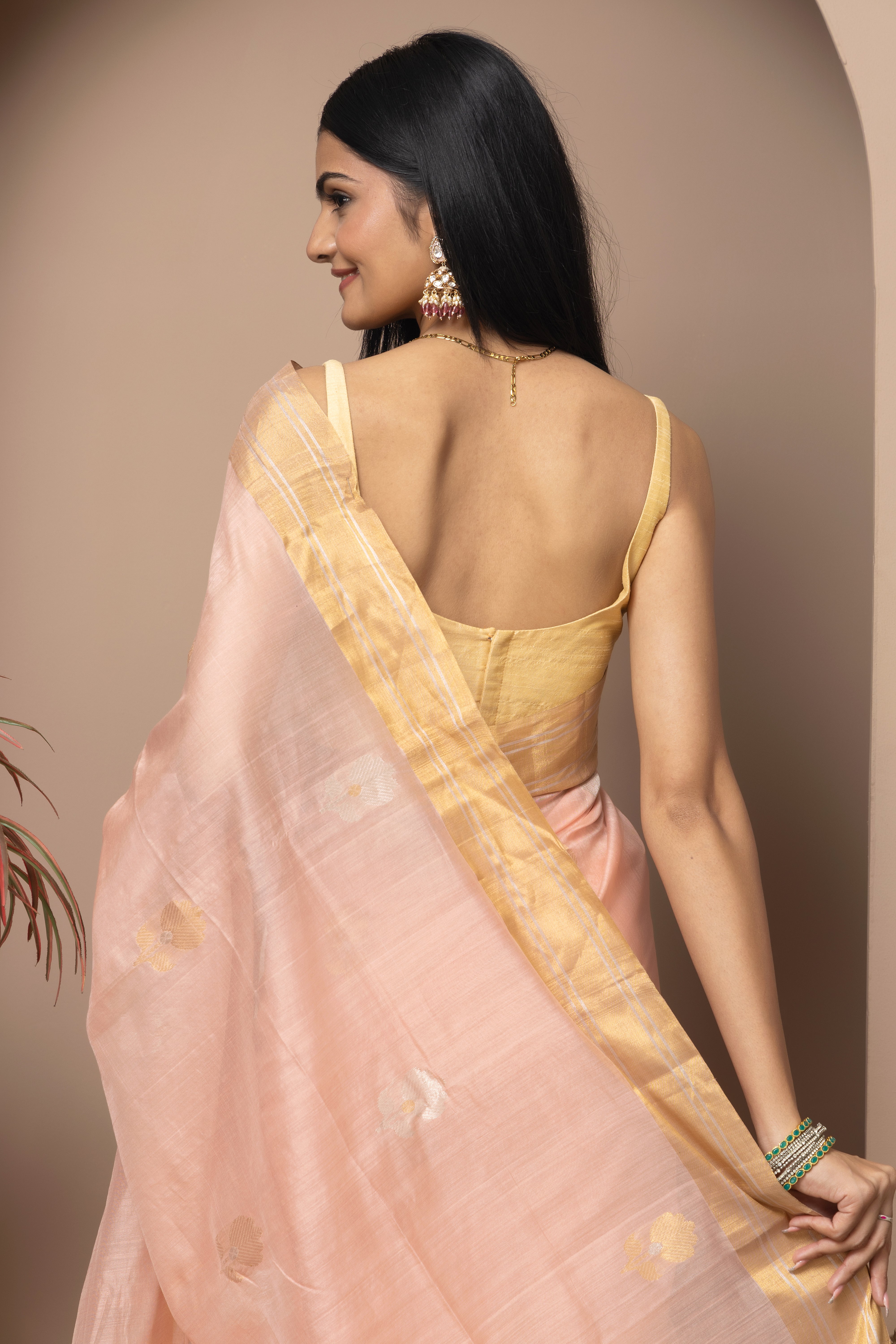 Chanderi handwoven pure pattu silk peach colour saree