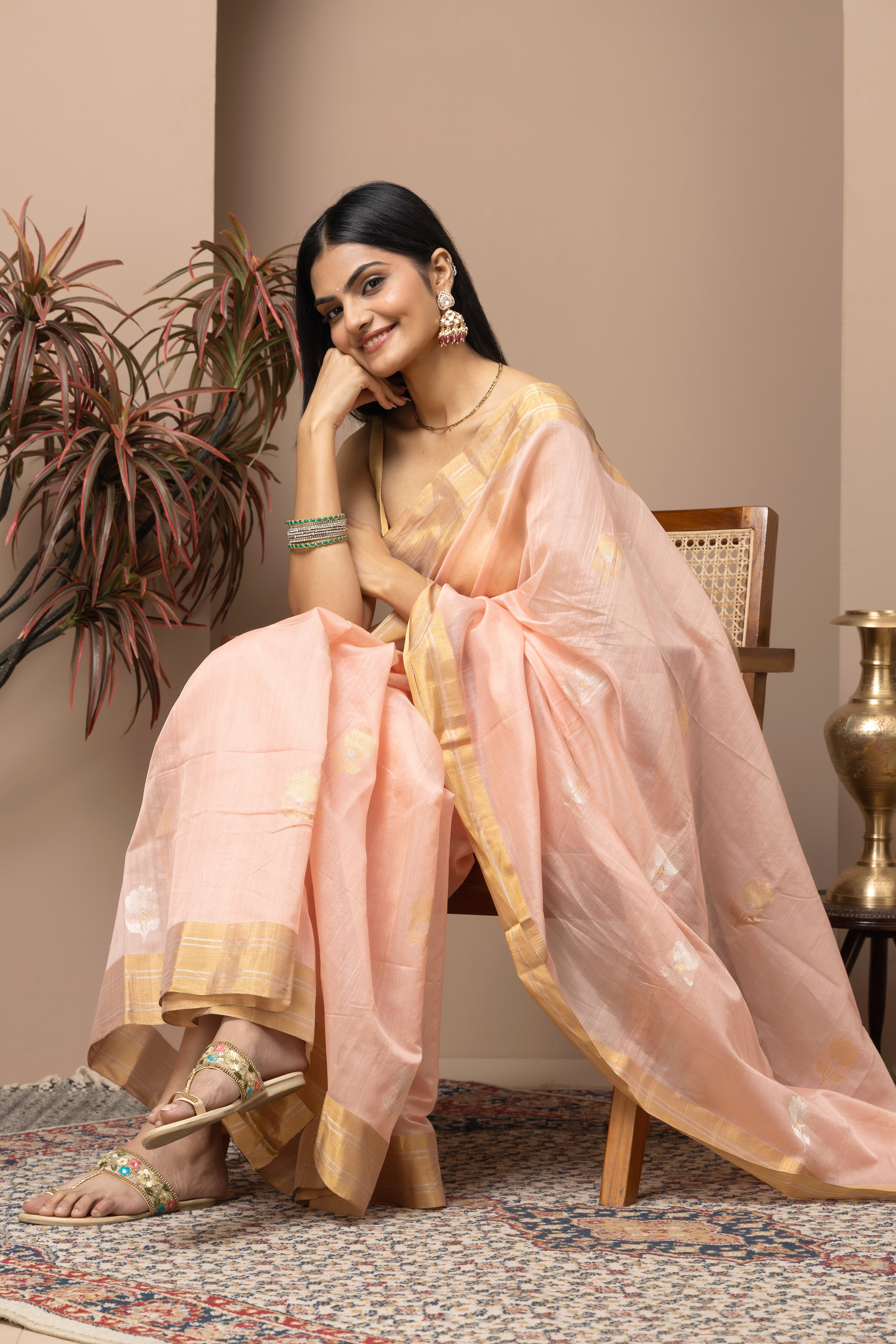Chanderi handwoven pure pattu silk peach colour saree