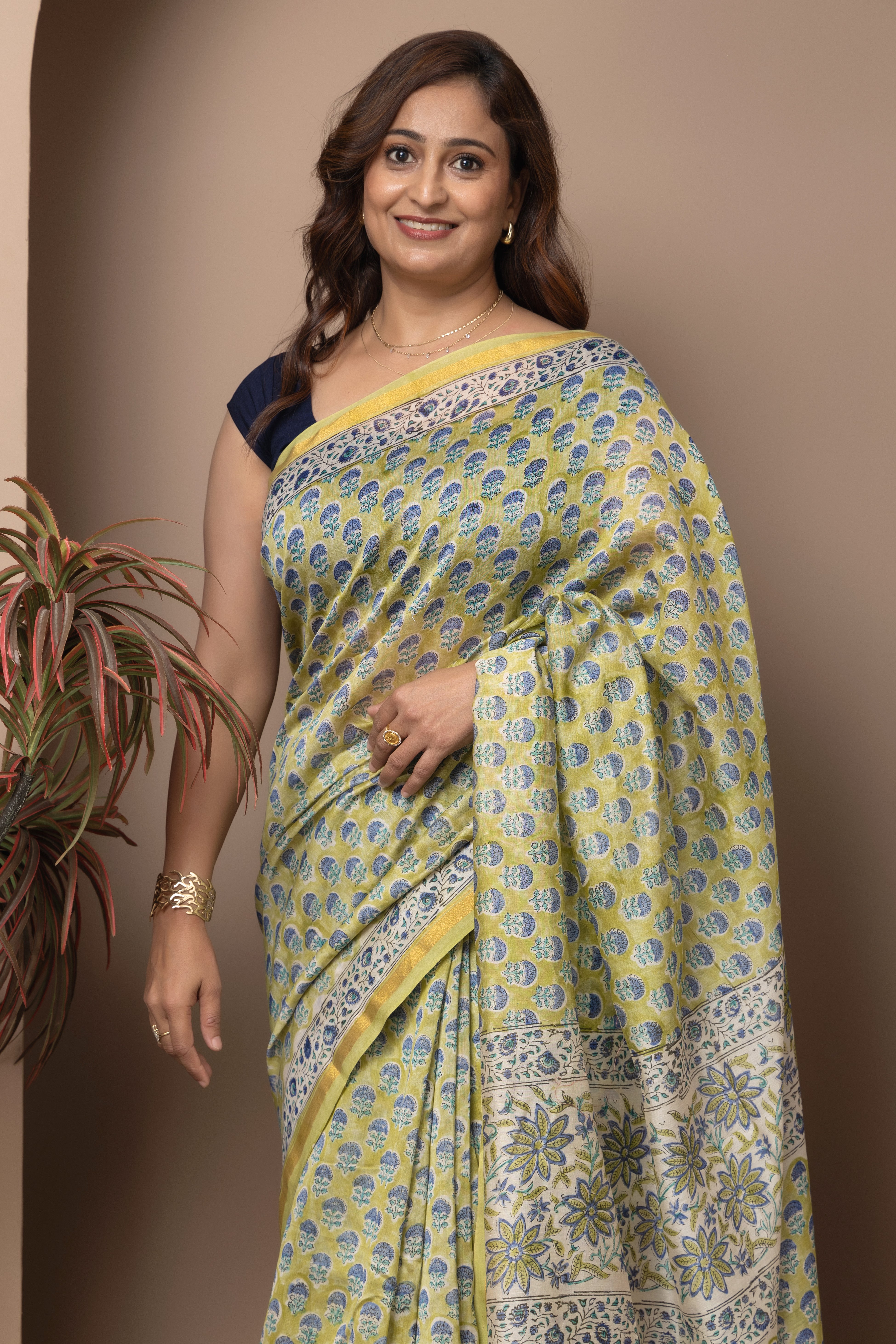 Chanderi cotton silk hand block light green saree