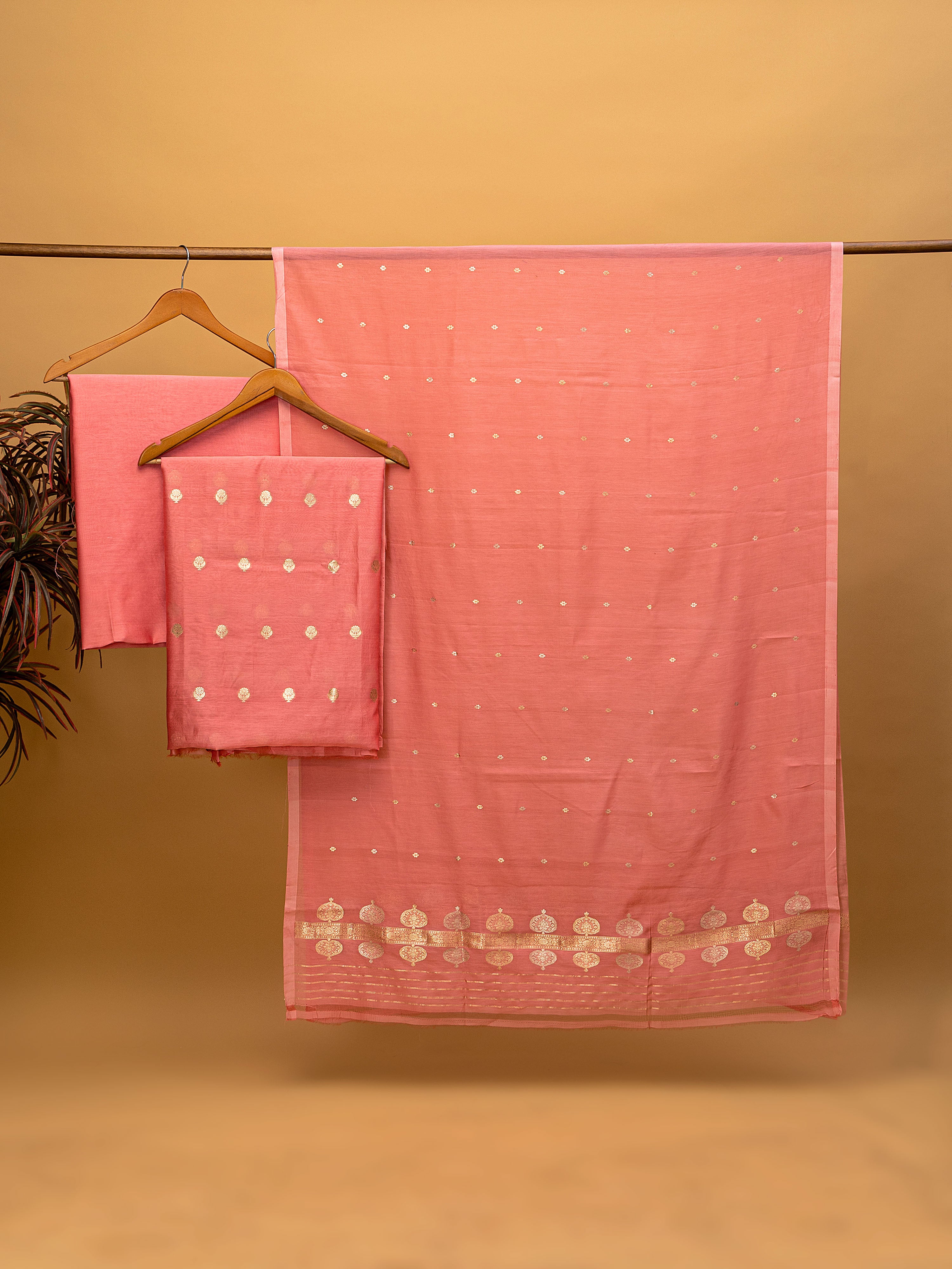 Vibrant coral pink pure silk (Resham)-cotton blend Banarasi unstitched suit (3 piece) with gold zari weaving