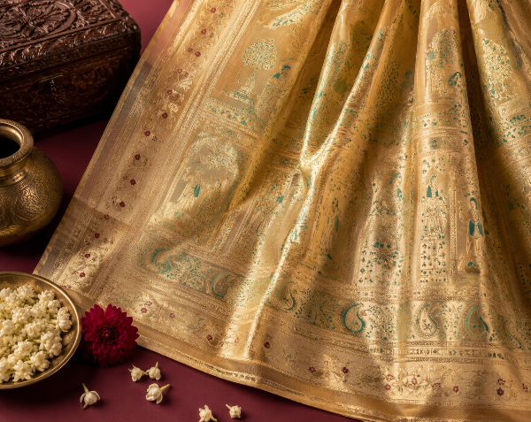 Baluchari pallu close-up showing woven human figures and chariot scenes in silk thread