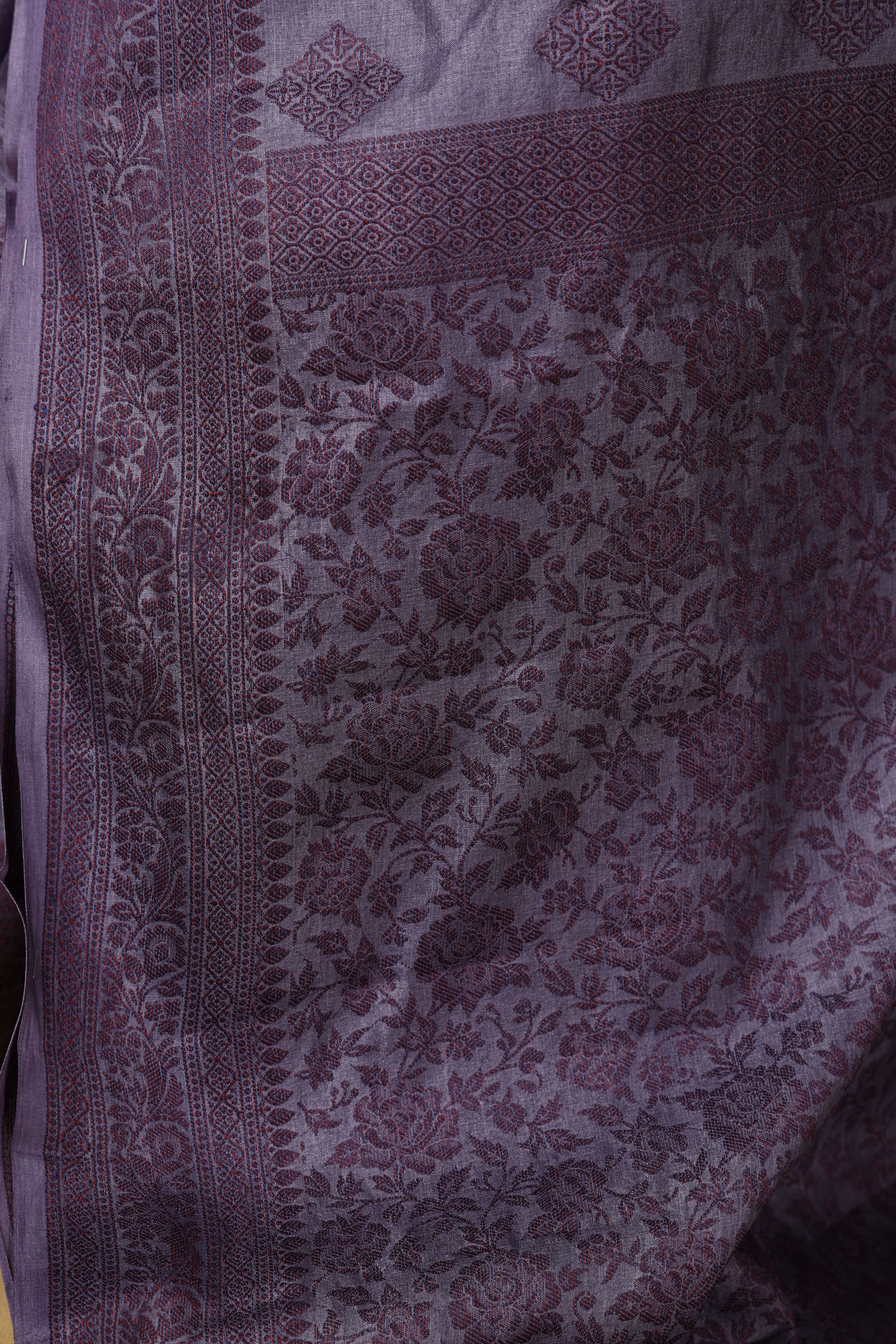 Banarasi pure Tussar Silk purple-grey saree with thread weave bute and border