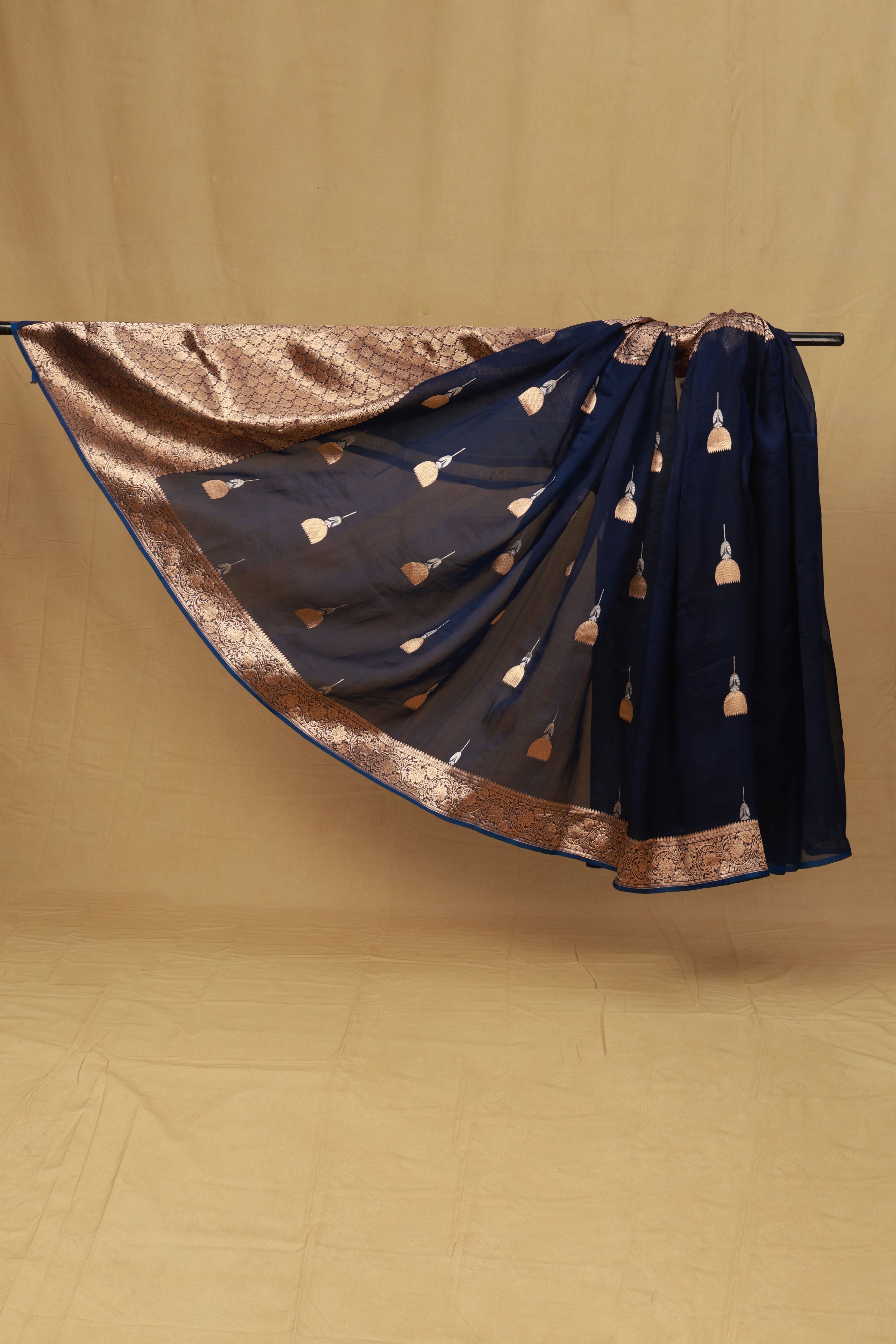 Banarasi pure Organza silk ink blue handloom saree with intricate zari Bute, border and pallu