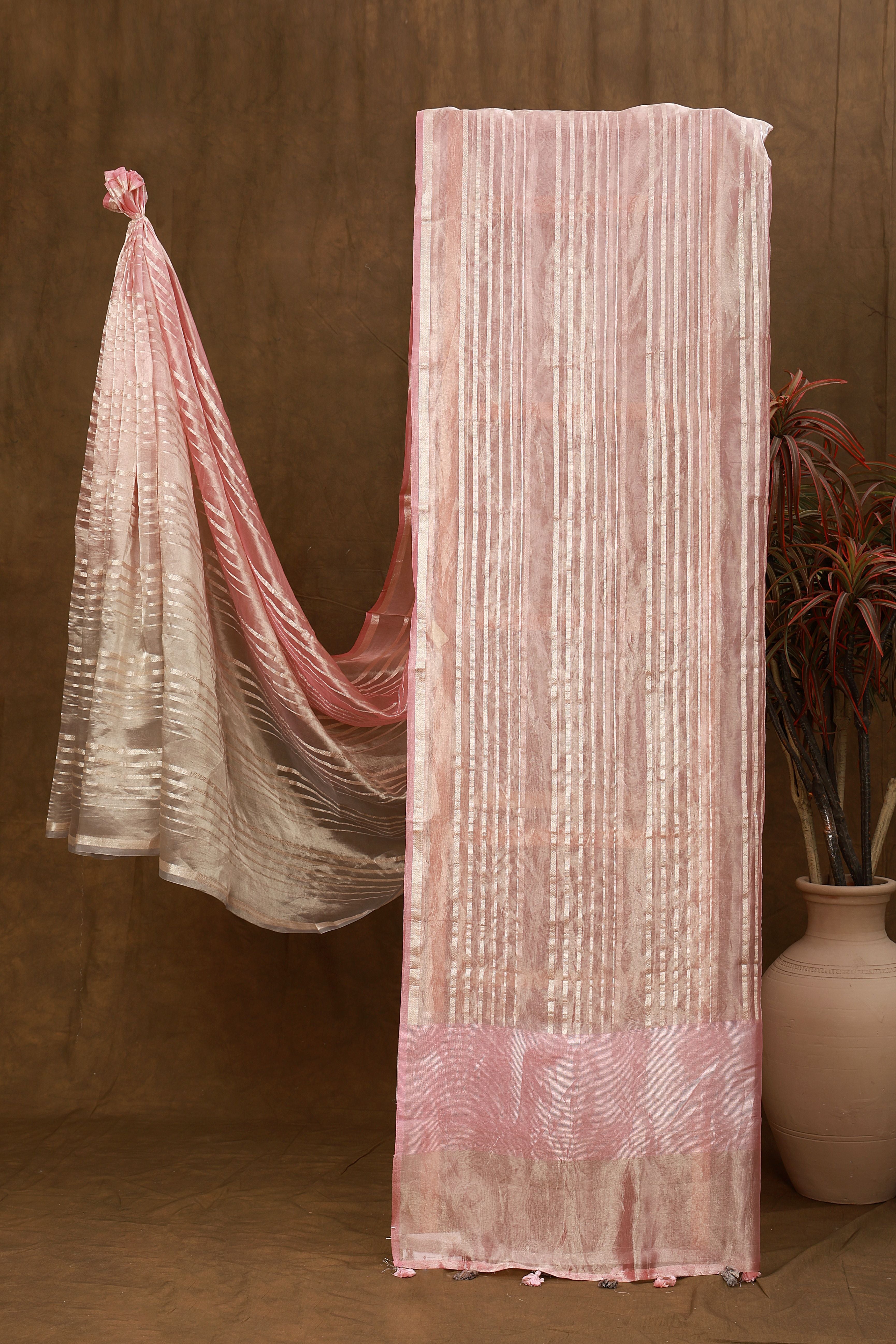 Banarasi pure Tissue silk pink-grey saree with zari stripes