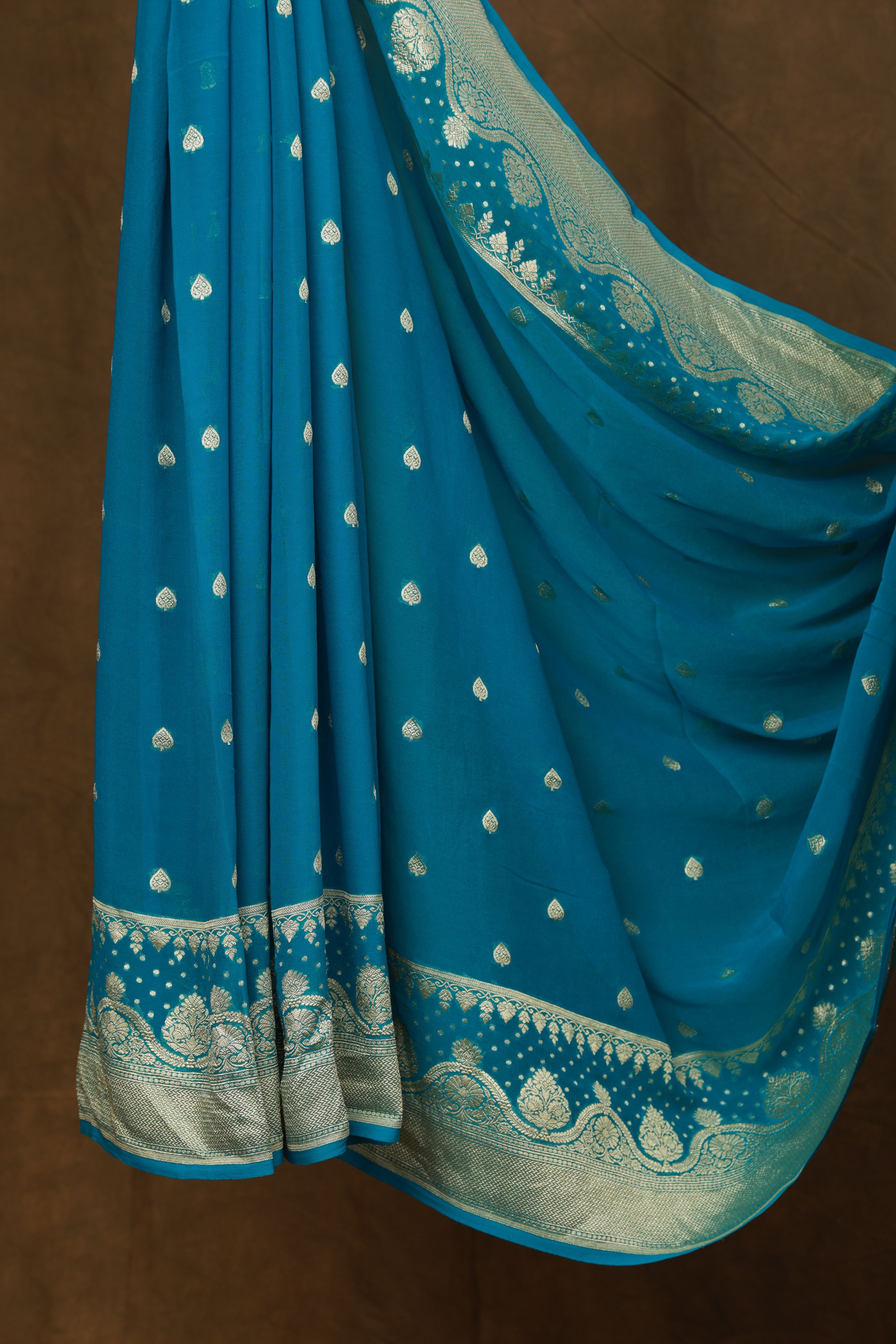 Banarasi pure silk georgette blue saree with zari Bute, zari pallu