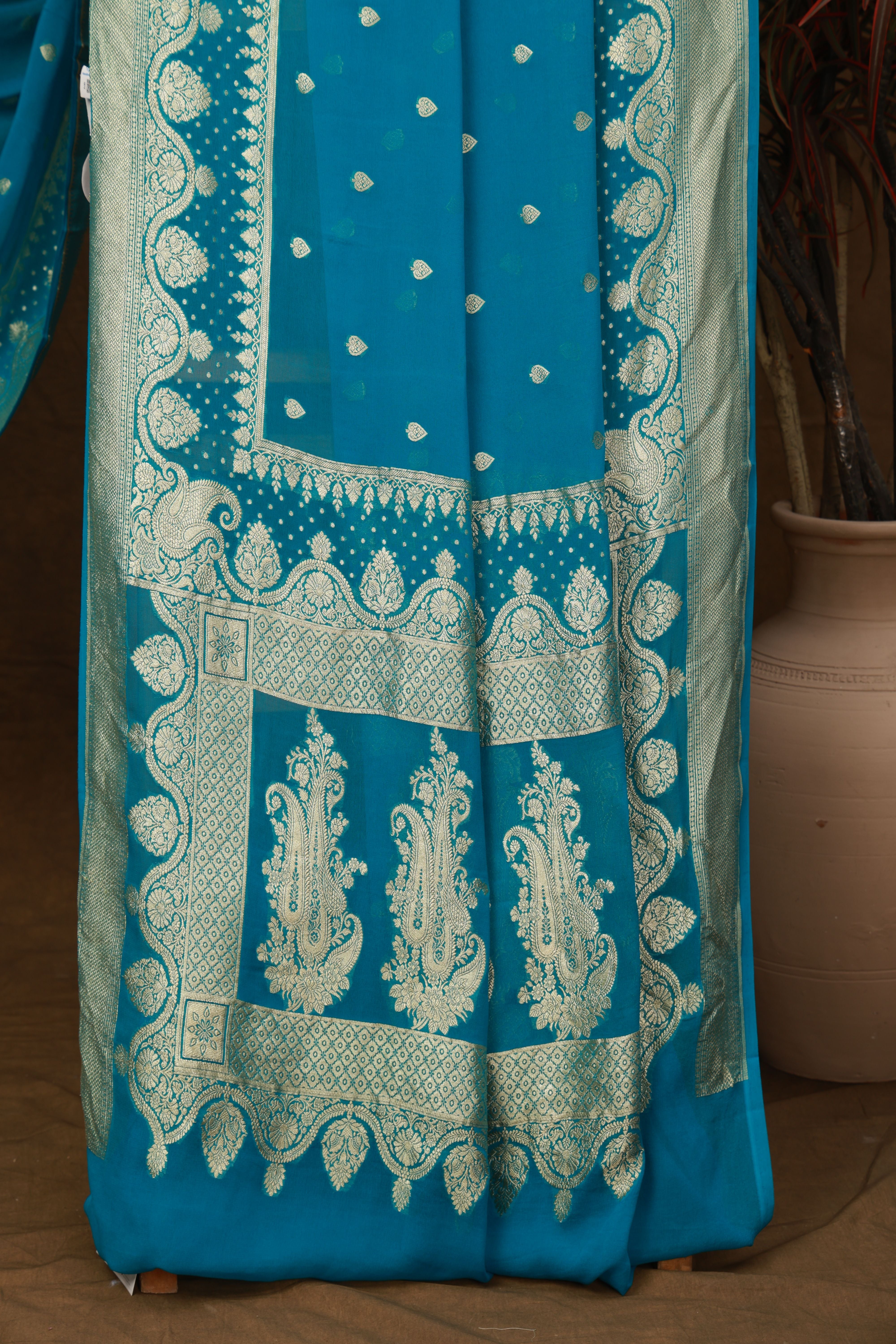 Banarasi pure silk georgette blue saree with zari Bute, zari pallu