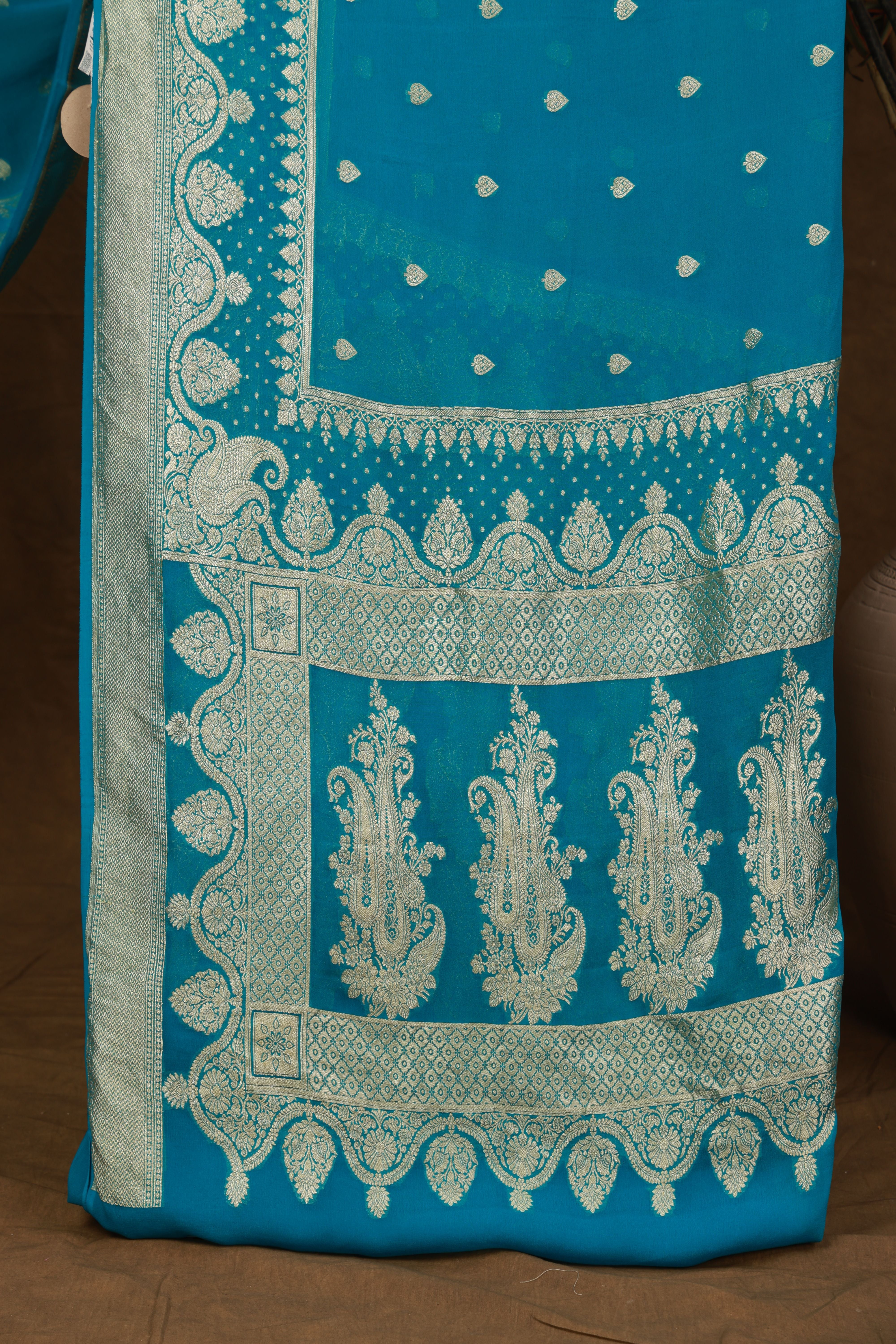 Banarasi pure silk georgette blue saree with zari Bute, zari pallu