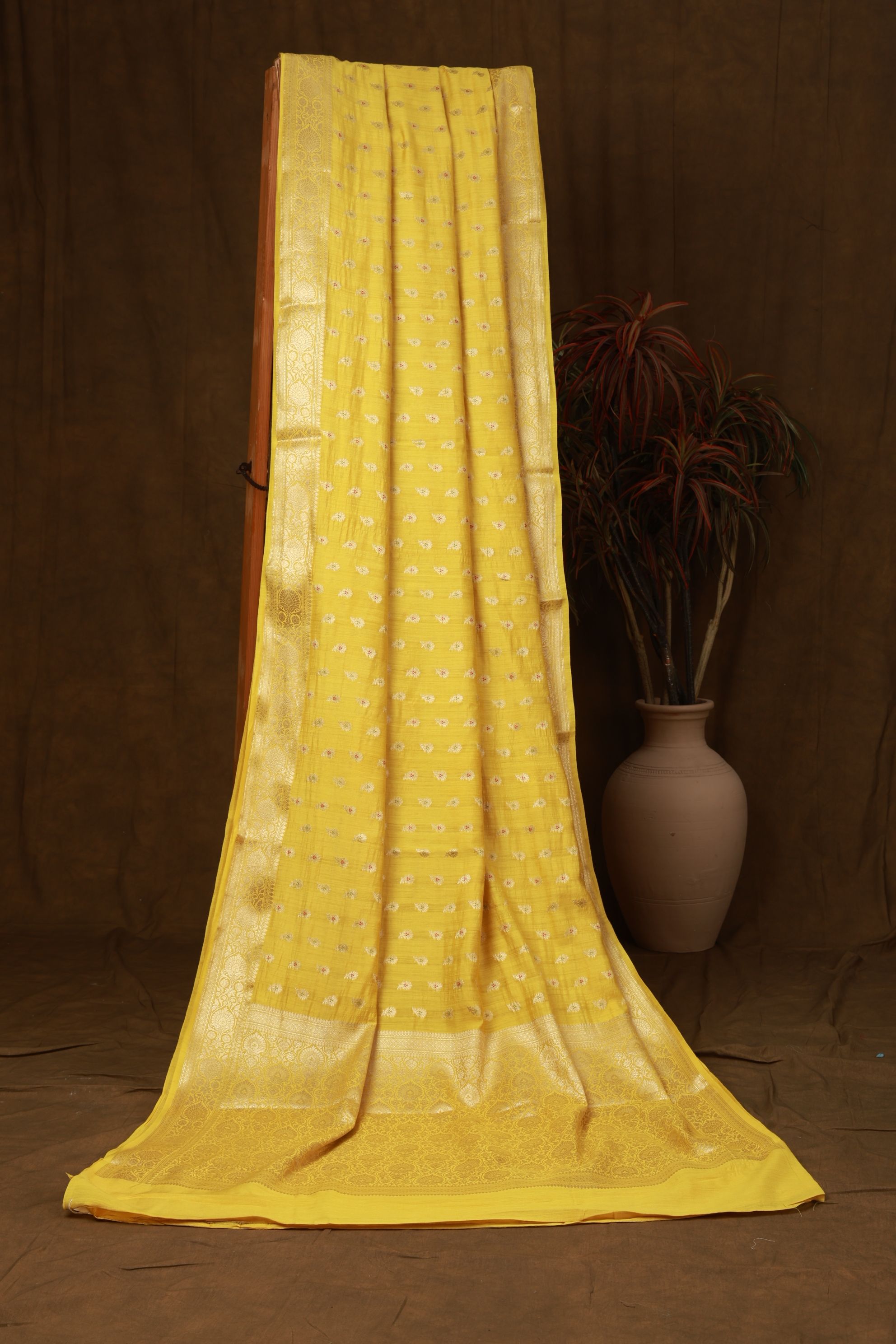 Banarasi pure Muga silk yellow saree with zari Bute, zari pallu