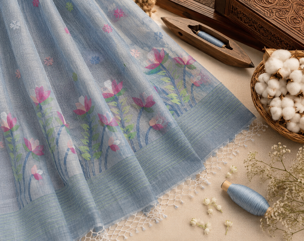 A light blue sheer fabric with embroidered pink and white flowers and green stems, draped on a beige surface with decorative props including a basket of cotton, a wooden boat-shaped object, and a spool of blue thread.