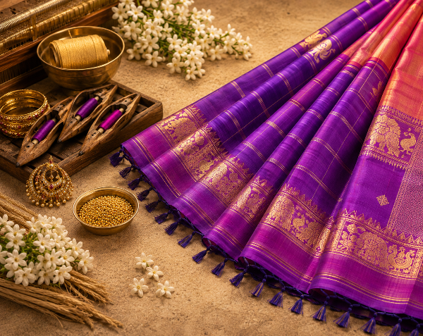 A purple and magenta silk saree with intricate gold Banarasi motifs, styled in a flat-lay arrangement with traditional Indian accessories, brass bowls, and white flowers on a textured beige surface.