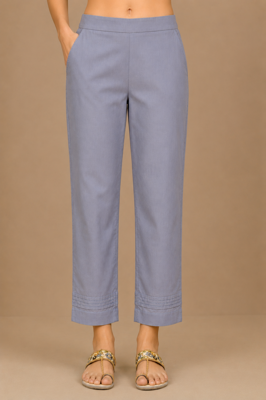 Midnight Indigo- soft ivory and indigo digital print Cotton Kurta with grey straight pants