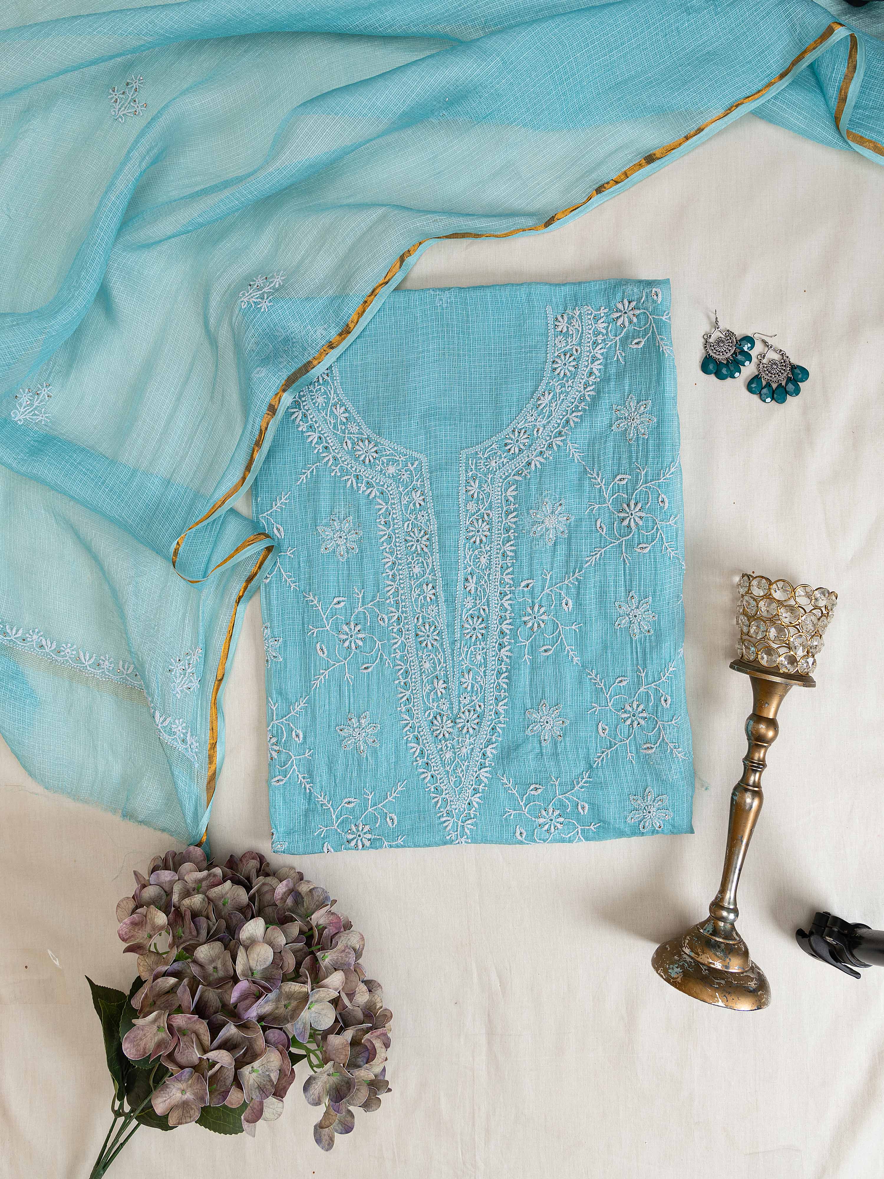 Summery light blue pure Kota Doria silk  unstitched suit with hand embroidered Chikankari work
