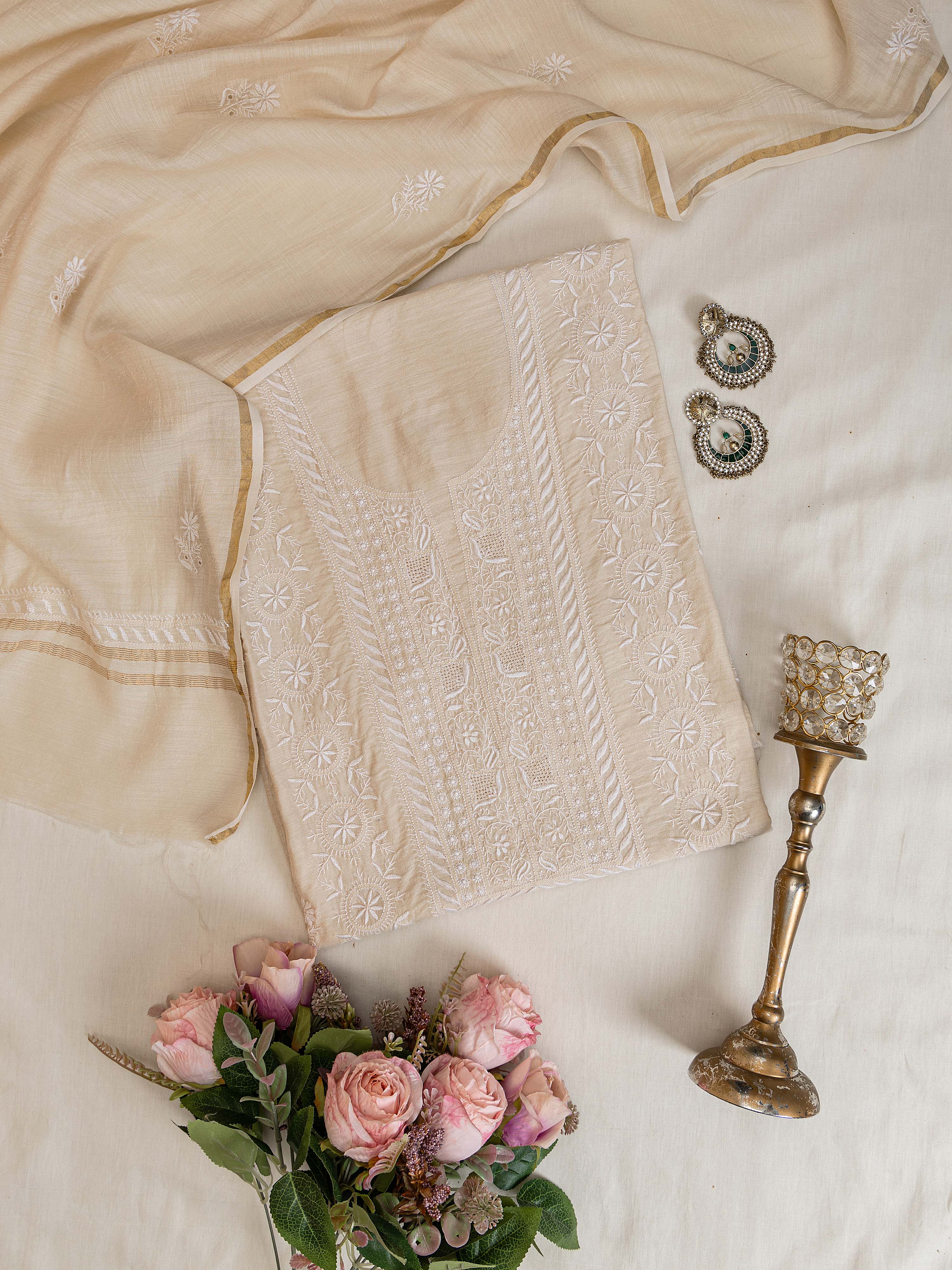 Beautiful Beige natural pure Muga Silk hand embroidered Chikankari unstitched 2 piece suit