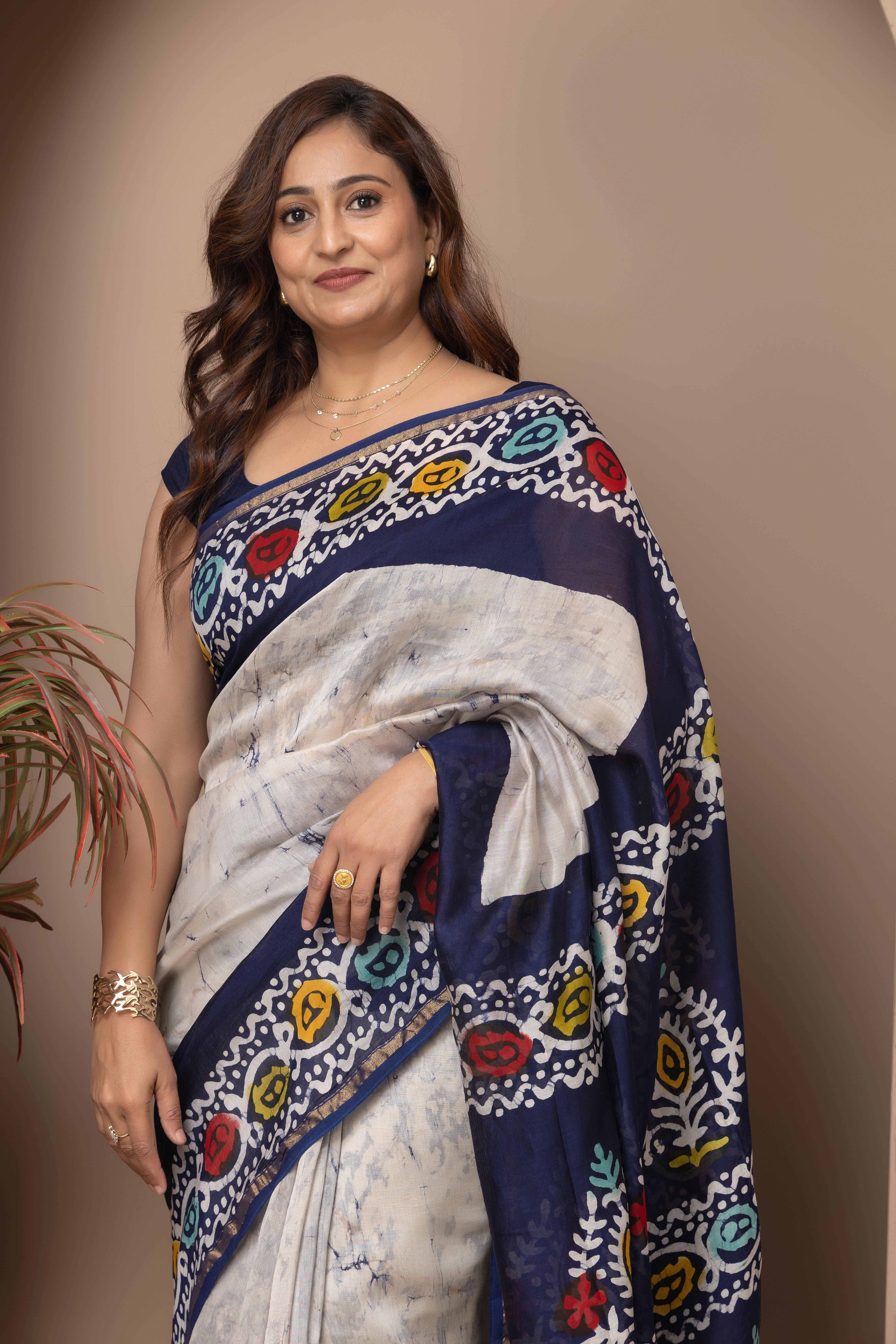 Chanderi cotton silk batik dye multi-colour with a white base