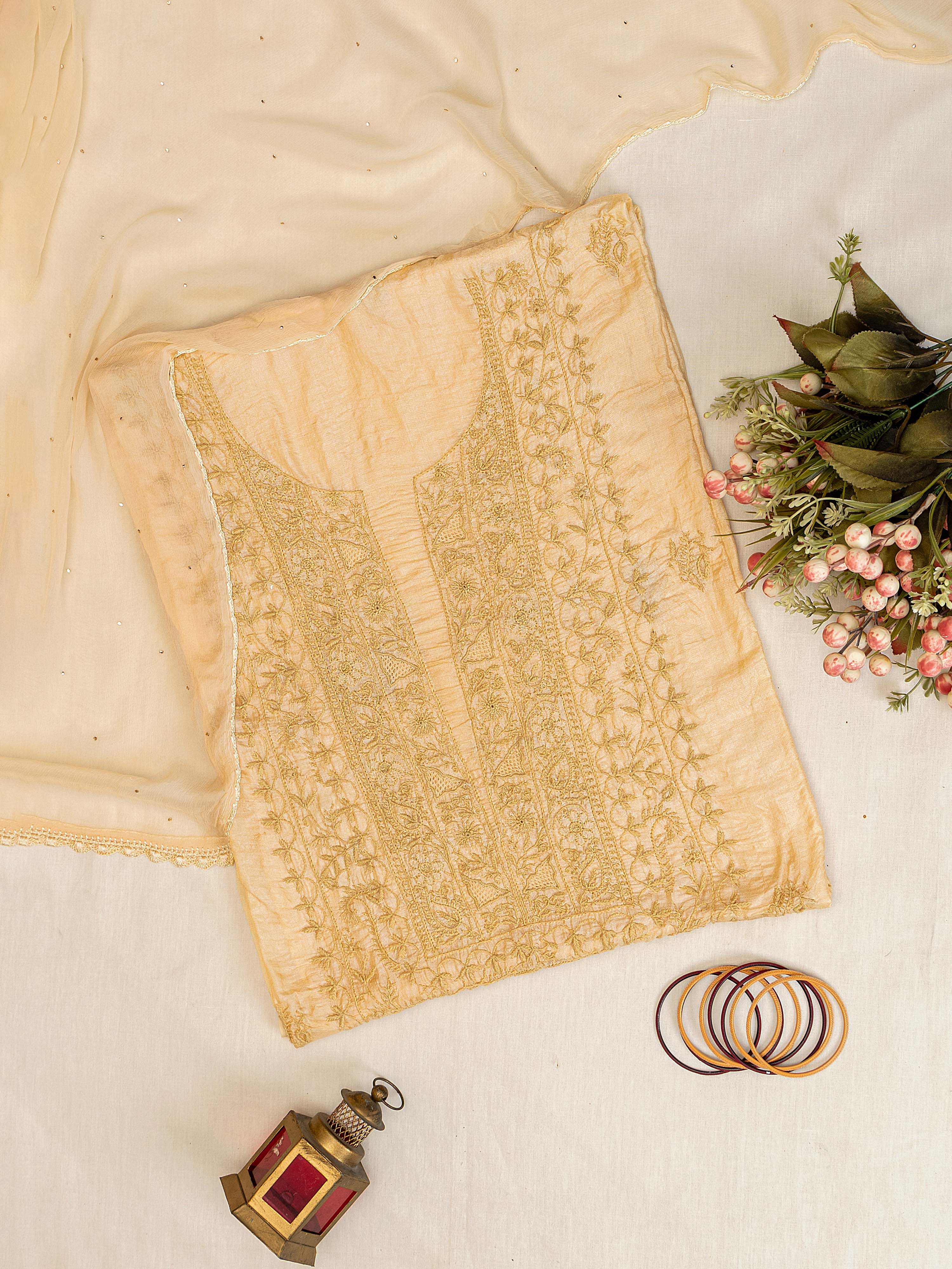 Warm camel-beige natural pure Tussar silk hand embroidered Chikankari unstitched  suit piece