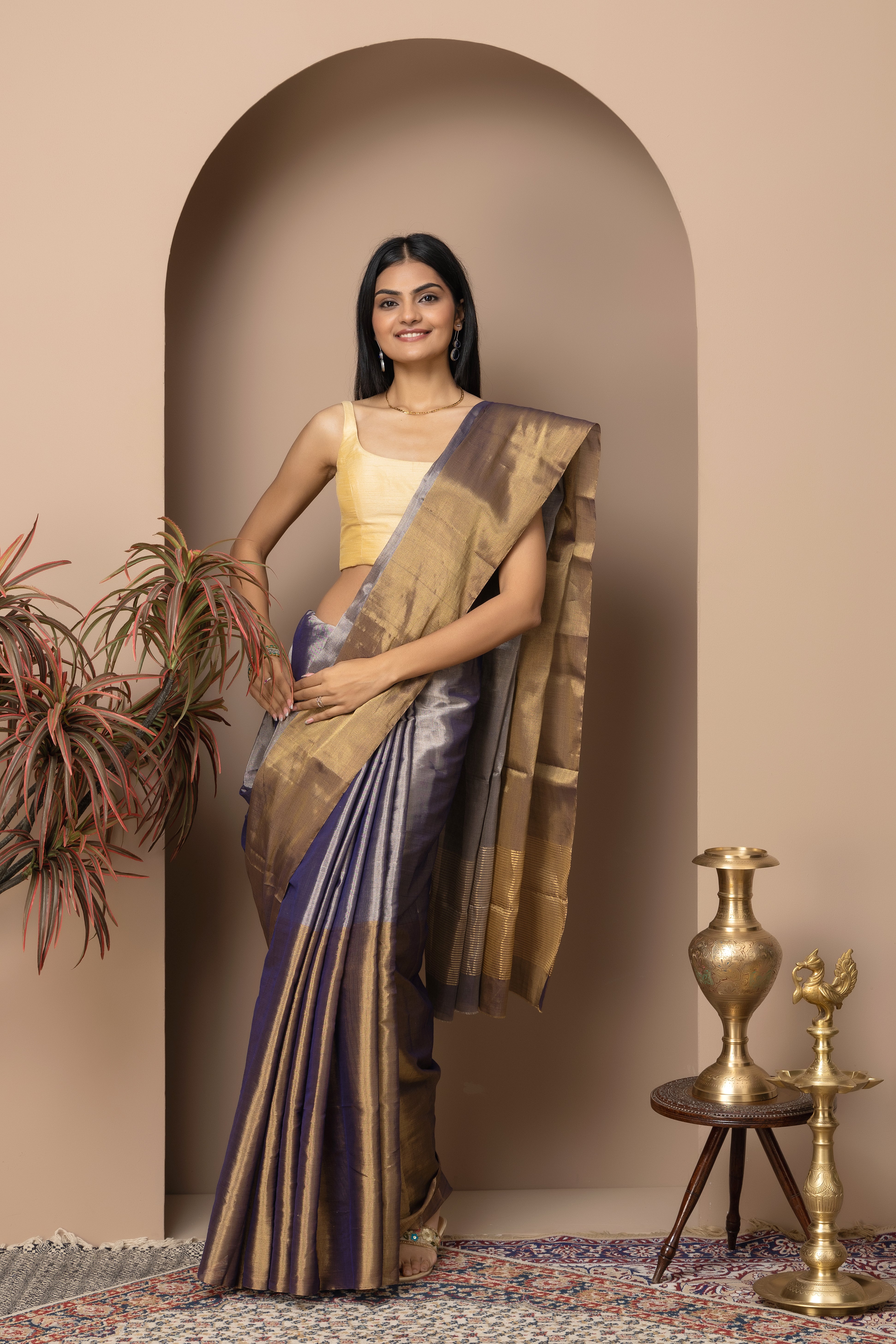 Chanderi handwoven  Tissue half and half copper and metallic purple color saree
