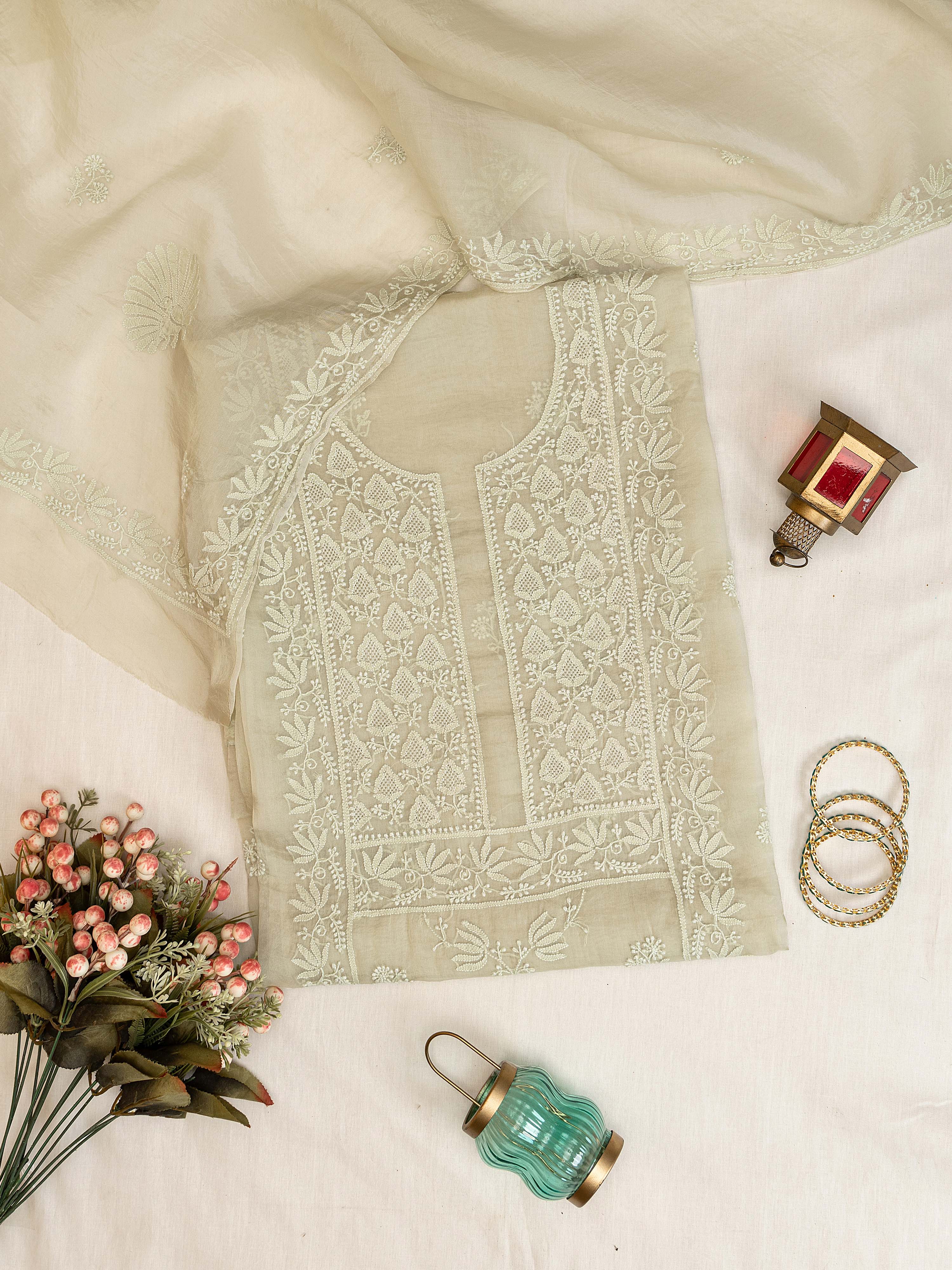 Beautiful sea green pure Organza silk hand embroidered Chikankari unstitched Suit