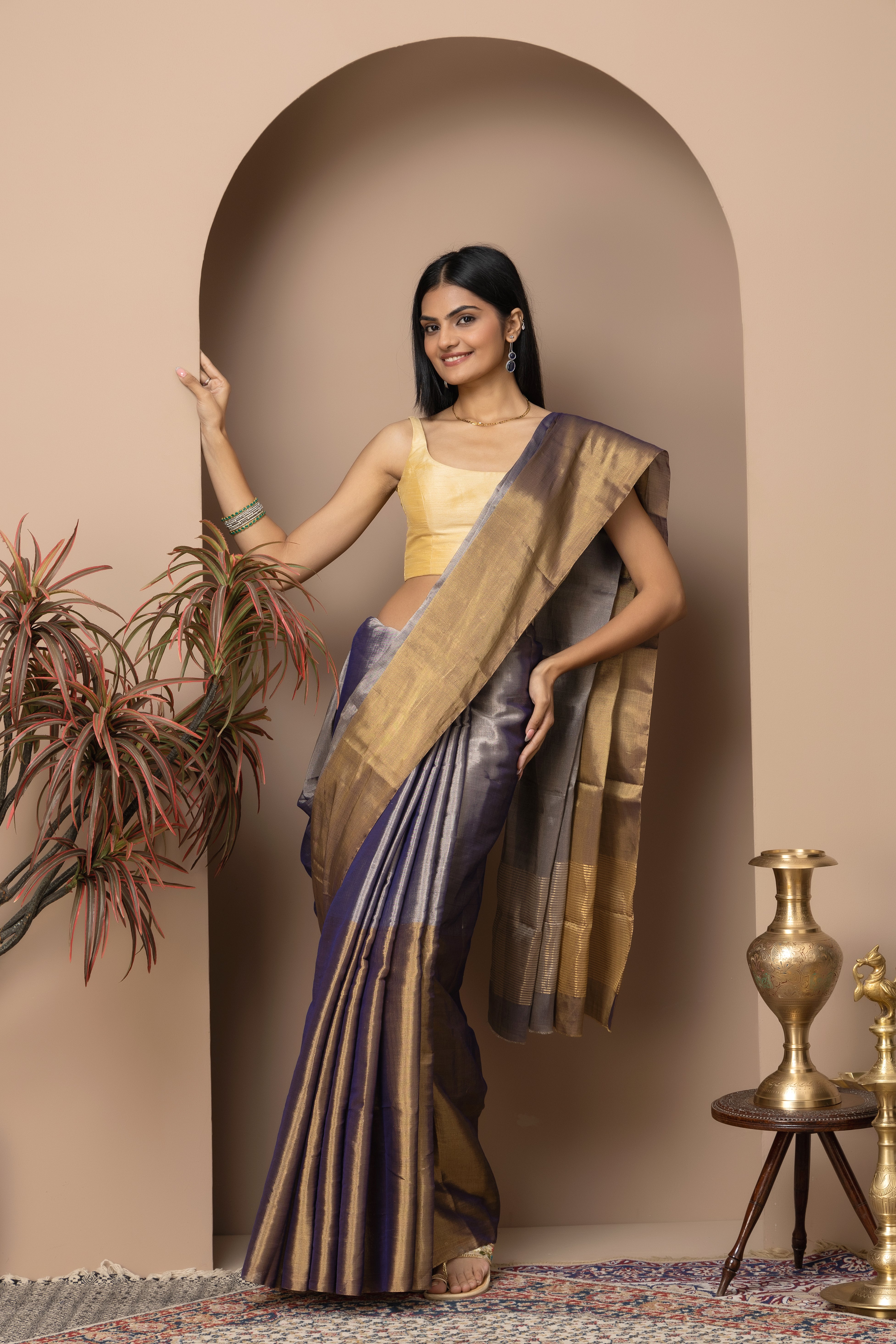 Chanderi handwoven  Tissue half and half copper and metallic purple color saree