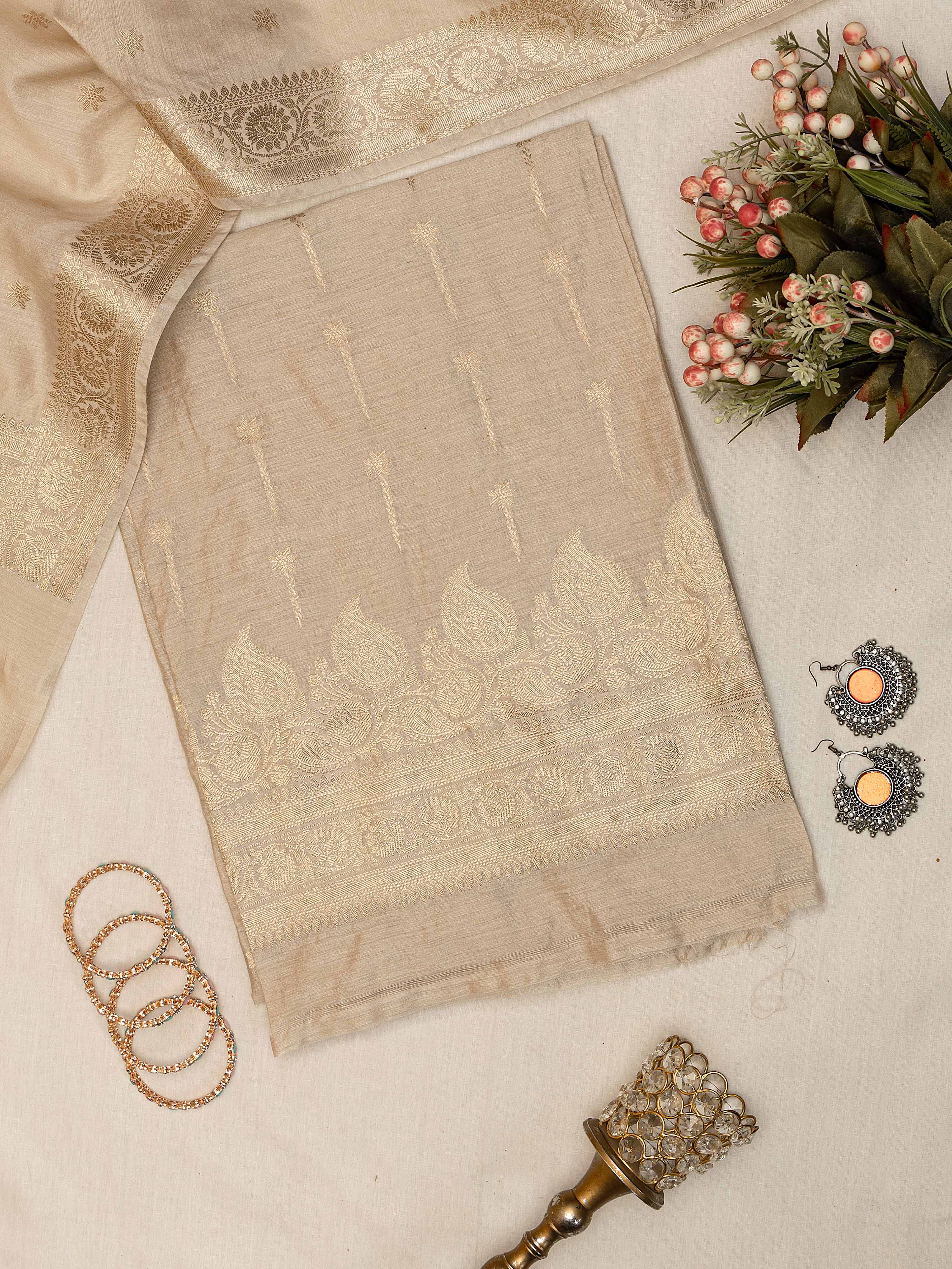 Timeless nature beige pure silk Banarasi unstitched suit with gold zari weaving