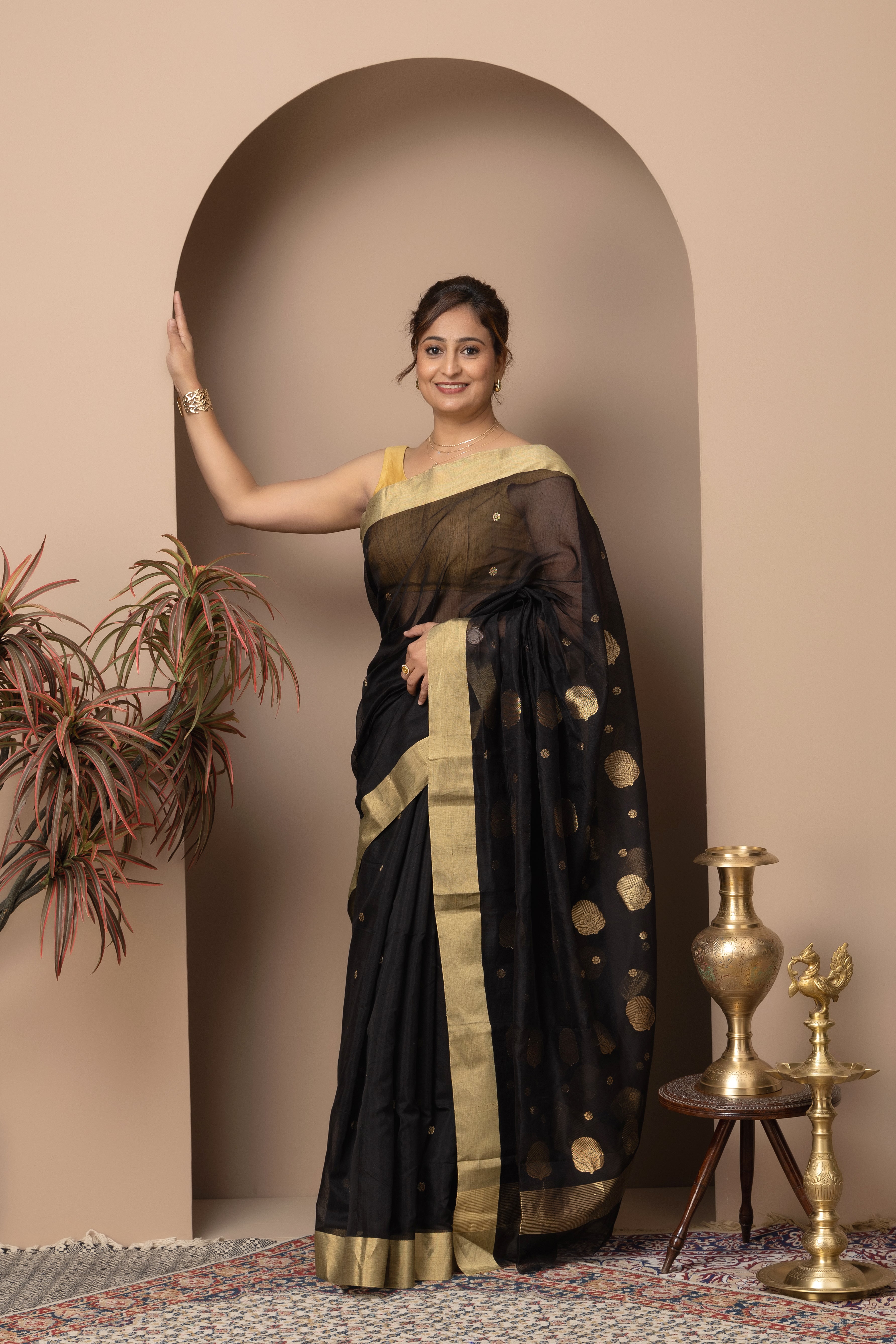 Chanderi handwoven pure pattu silk black colour saree