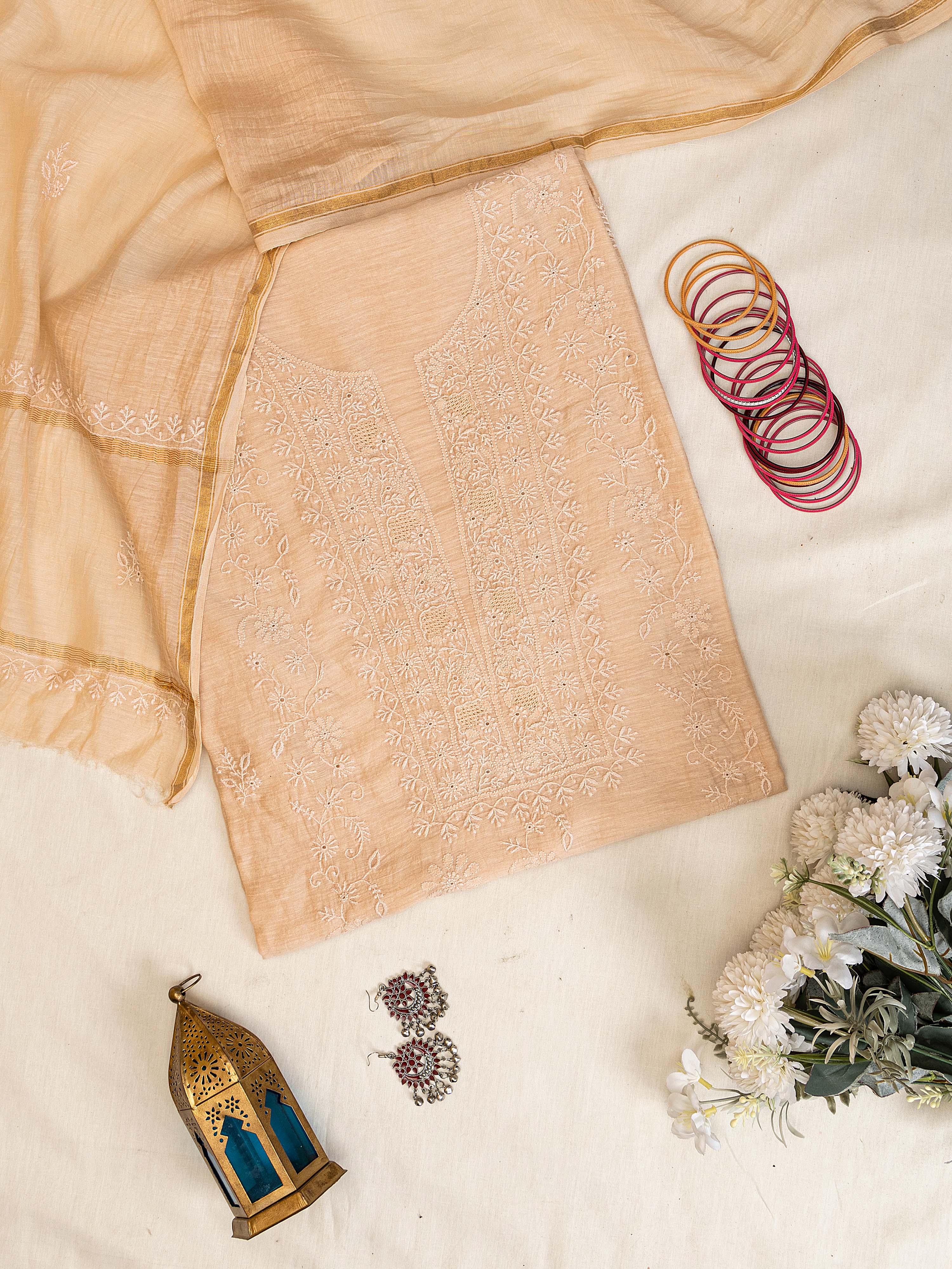 Warm beige colour Linen hand embroidered Chikankari unstitched  suit piece