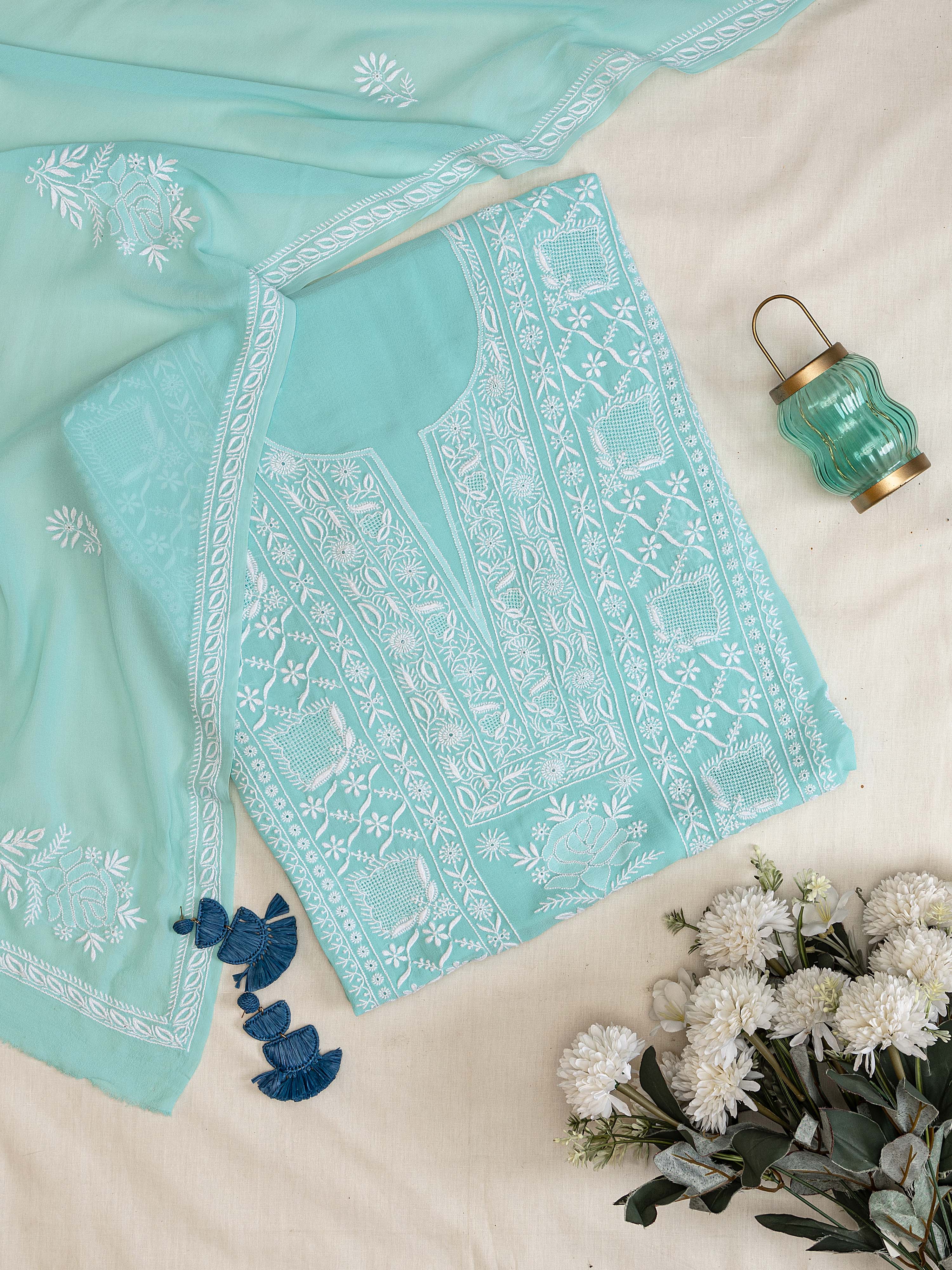 Lovely sky blue pure georgette silk hand embroidered Chikankari unstitched suit piece
