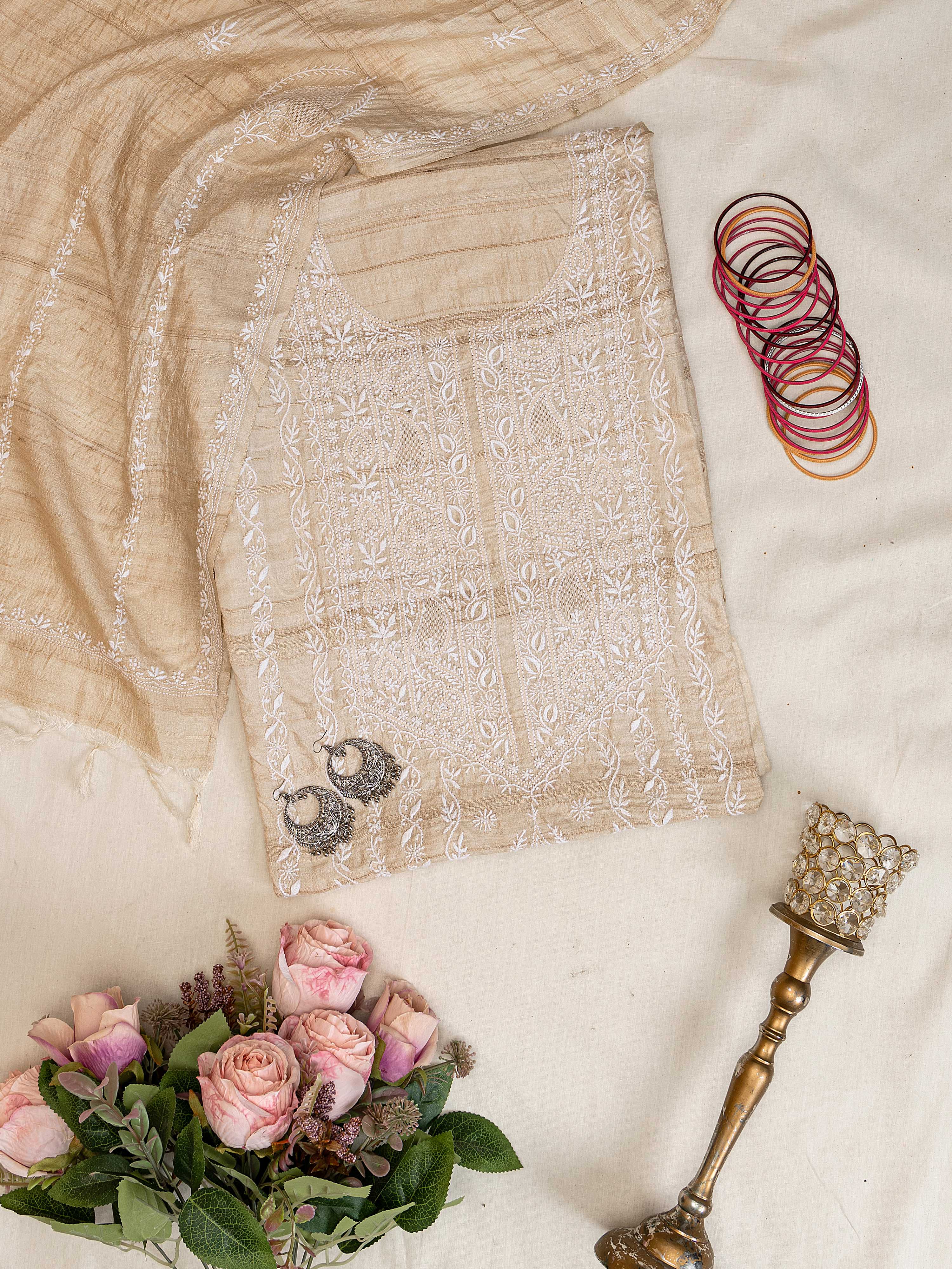 Elegant natural beige color pure Khadi silk hand embroidered Chikankari unstitched suit piece