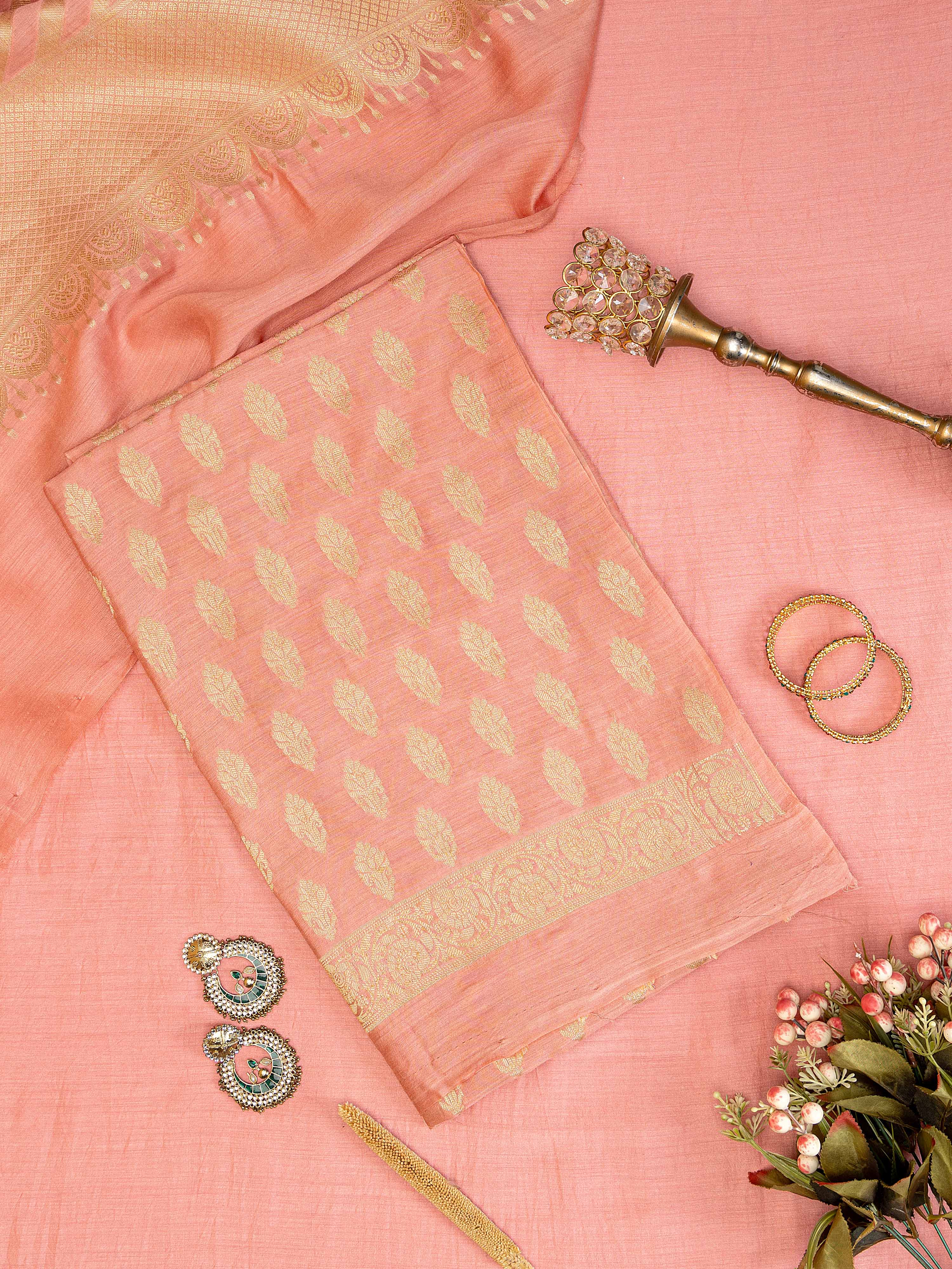 Vibrant peach pure spun silk Banarasi unstitched suit (3 piece) with gold zari weaving