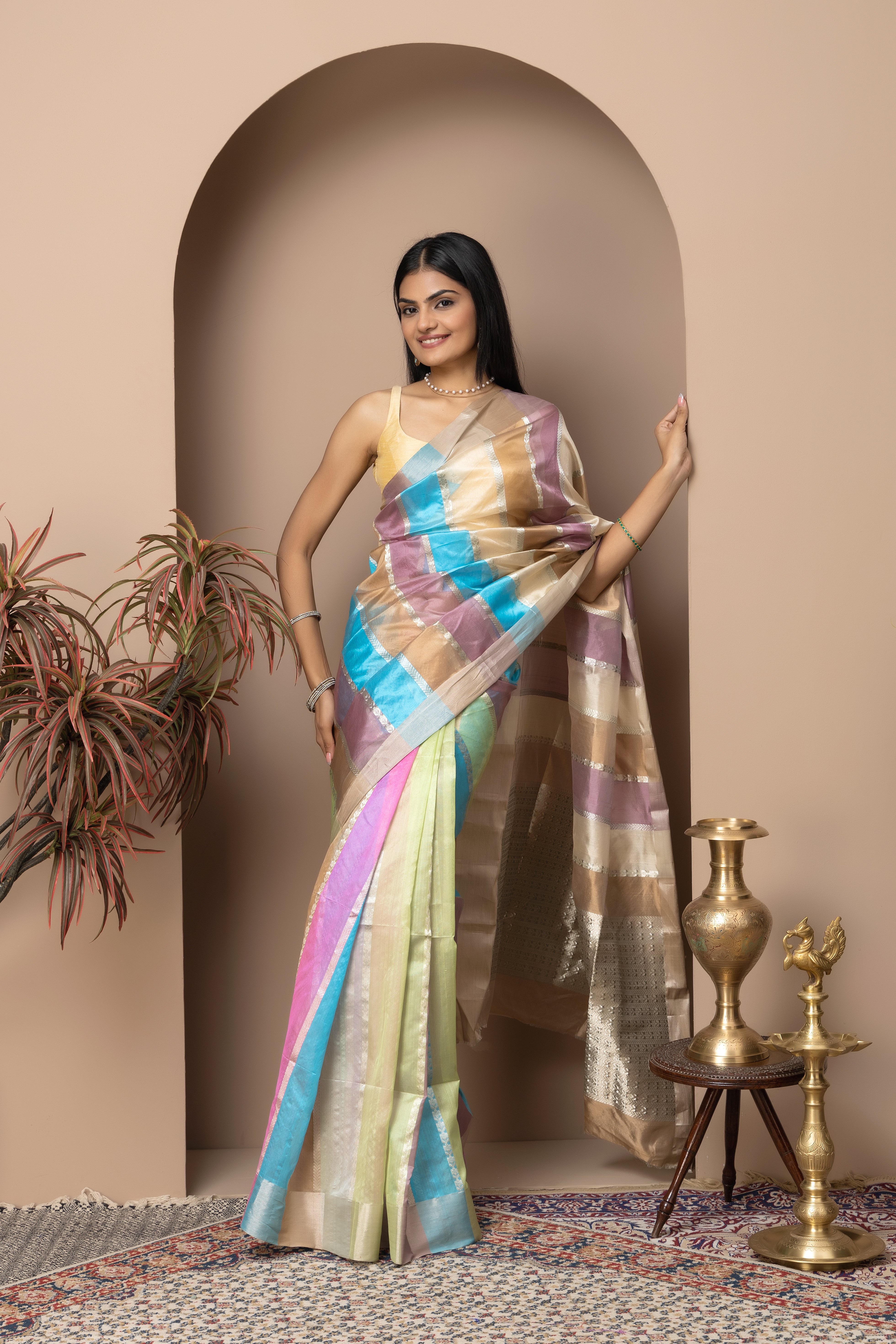 Chanderi handwoven pure pattu silk multi-pastel color saree with all-over zari stripes
