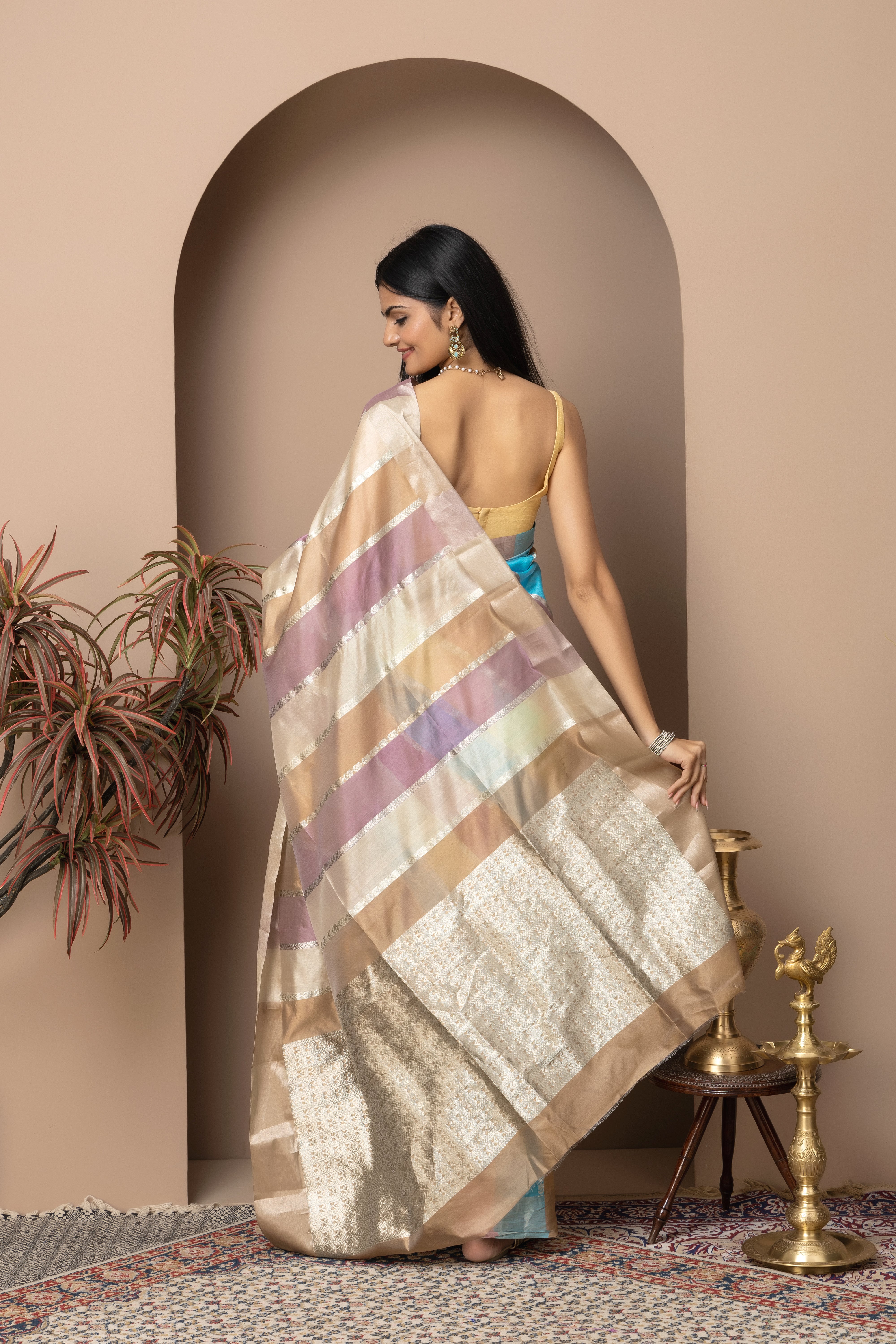 Chanderi handwoven pure pattu silk multi-pastel color saree with all-over zari stripes