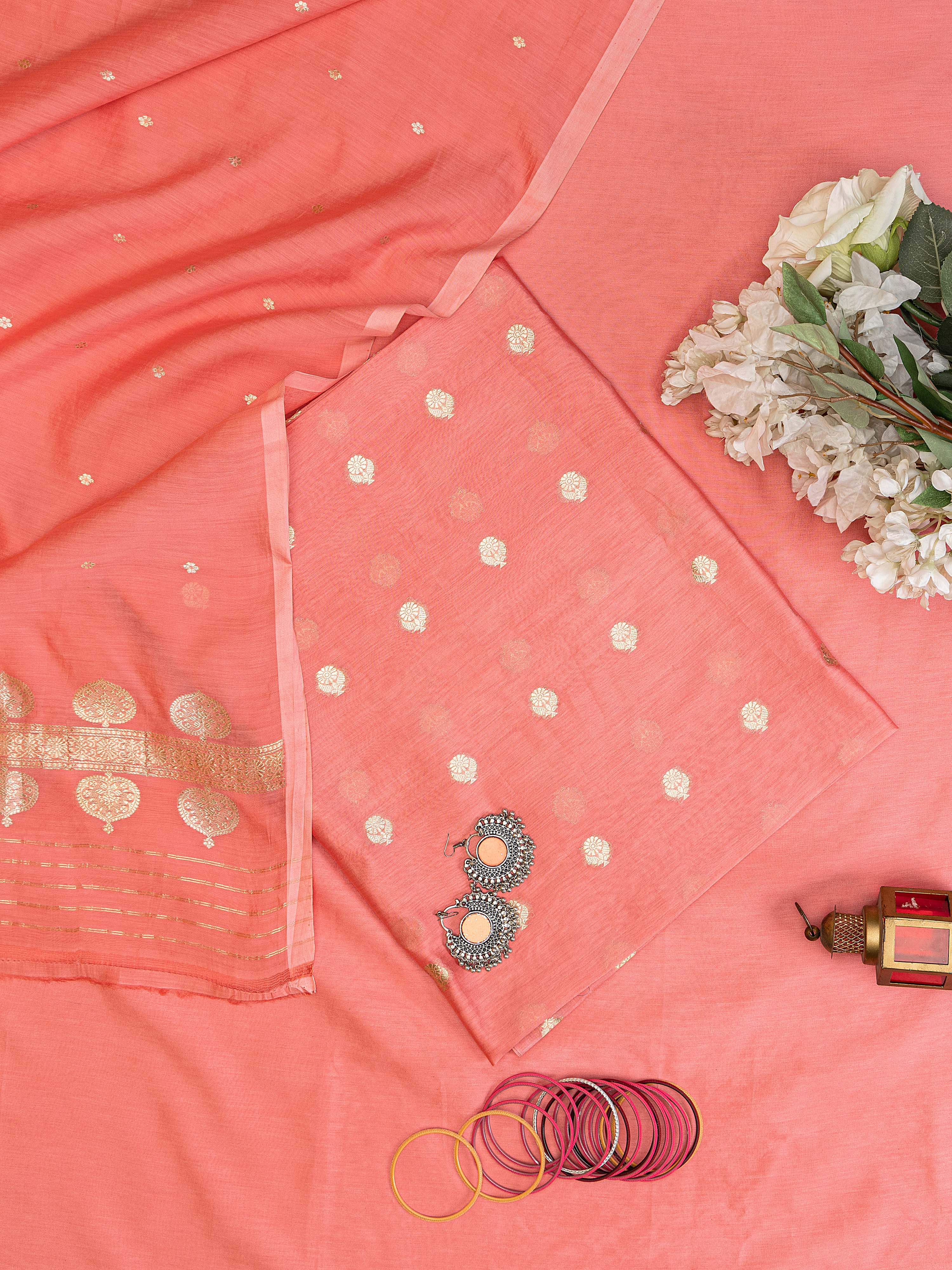 Vibrant coral pink pure silk (Resham)-cotton blend Banarasi unstitched suit (3 piece) with gold zari weaving