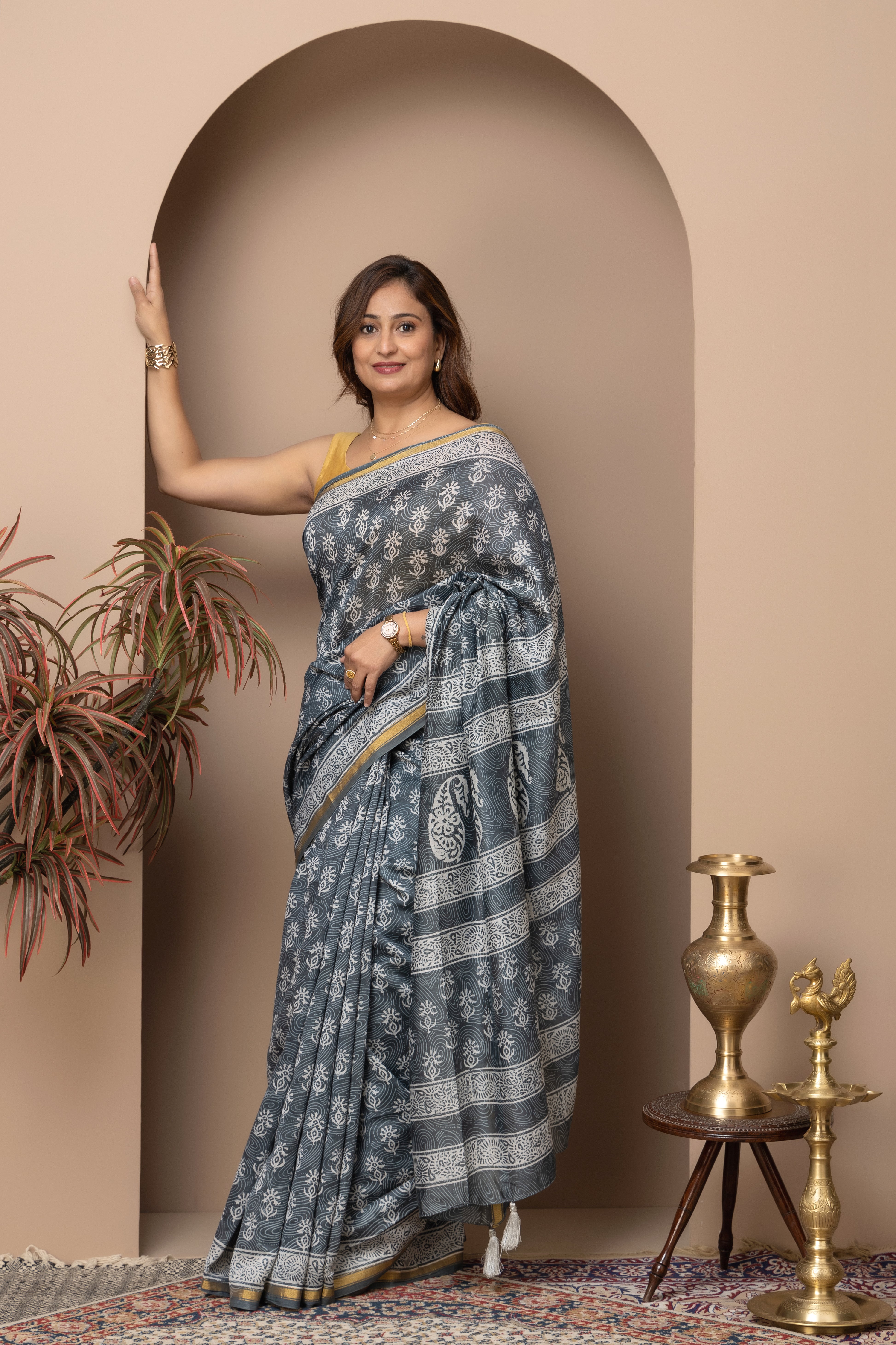 Chanderi cotton silk hand block grey-blue saree