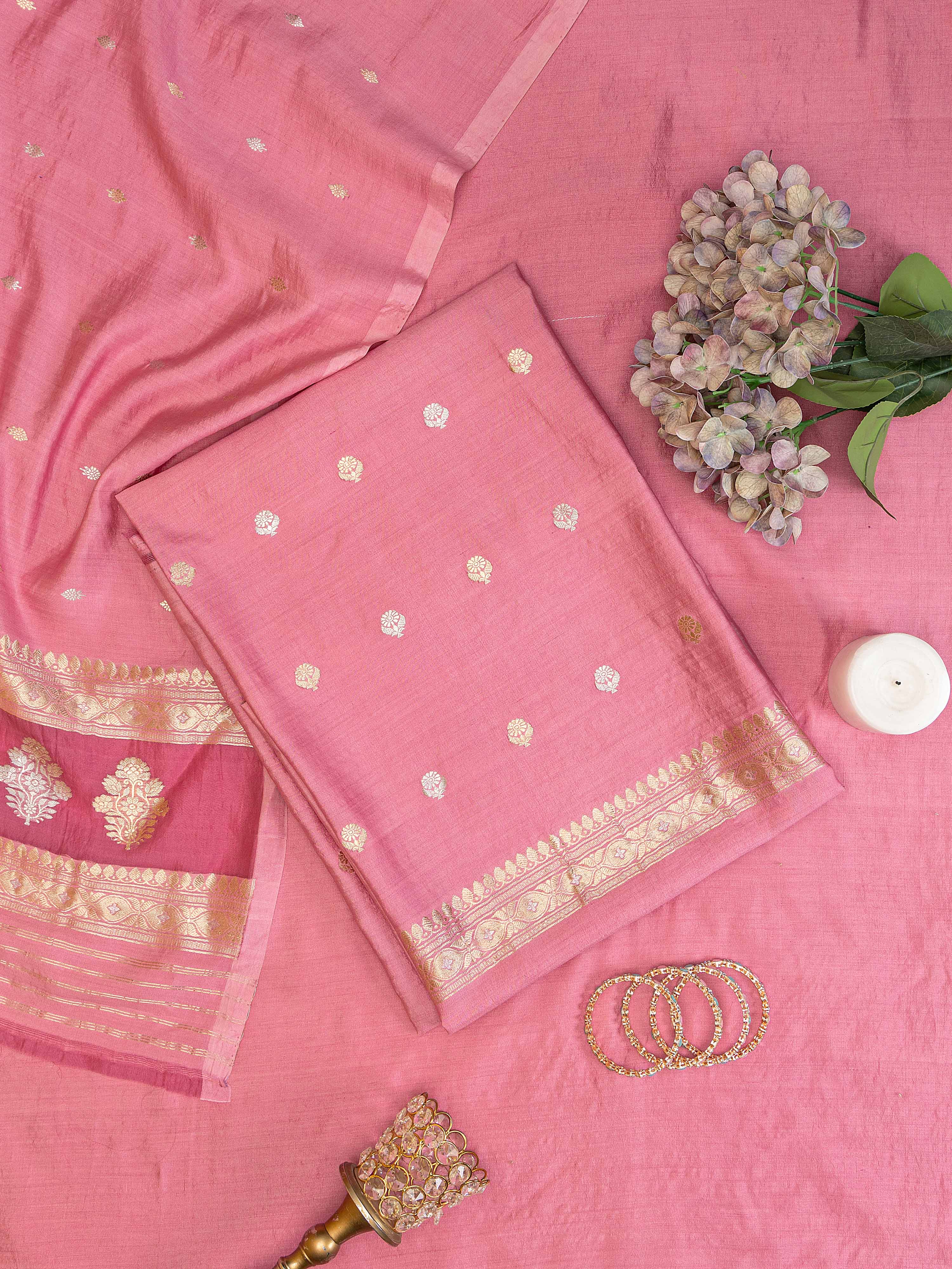 Elegant mauve pink silk Banarasi unstitched suit with gold-silver zari weaving