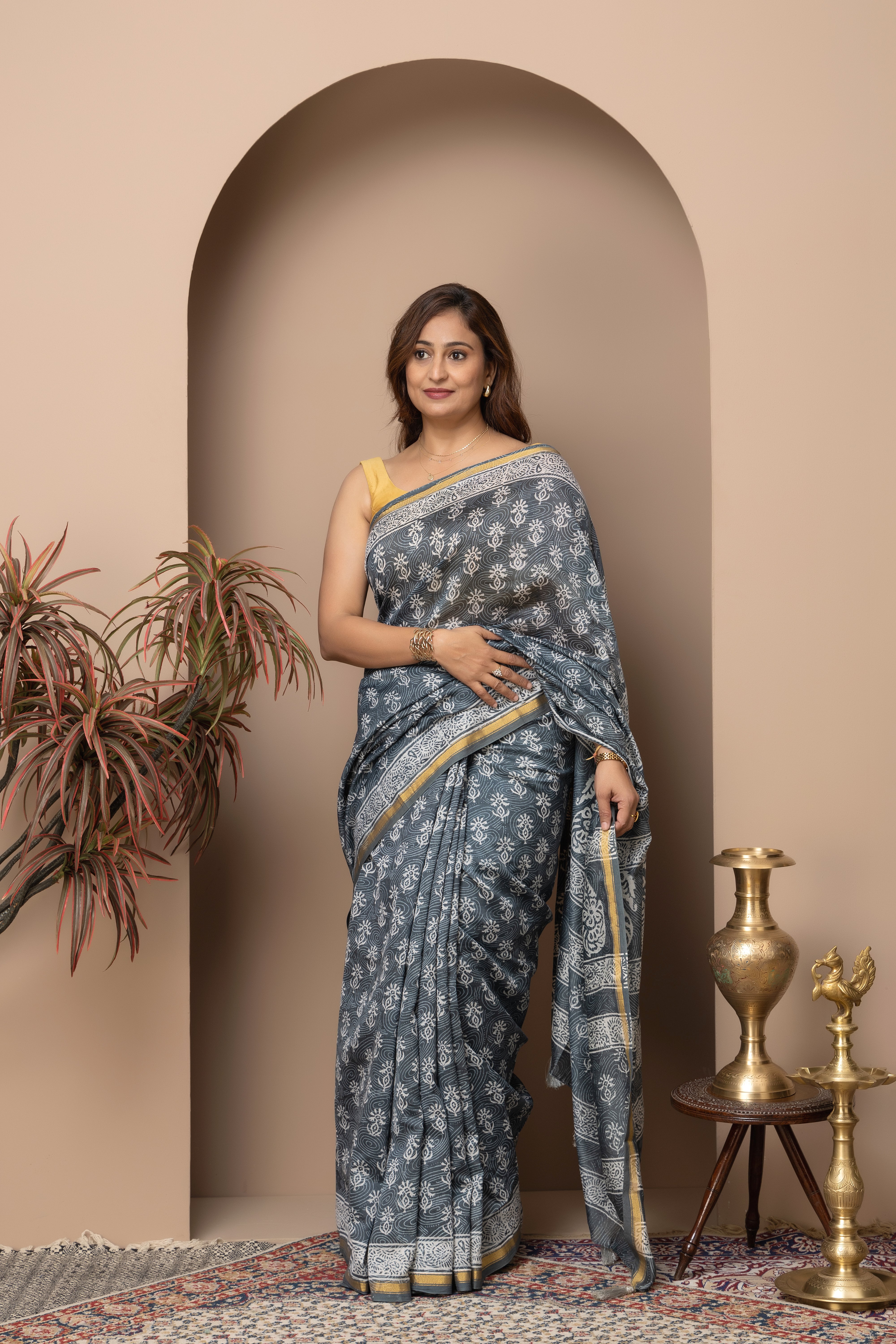 Chanderi cotton silk hand block grey-blue saree
