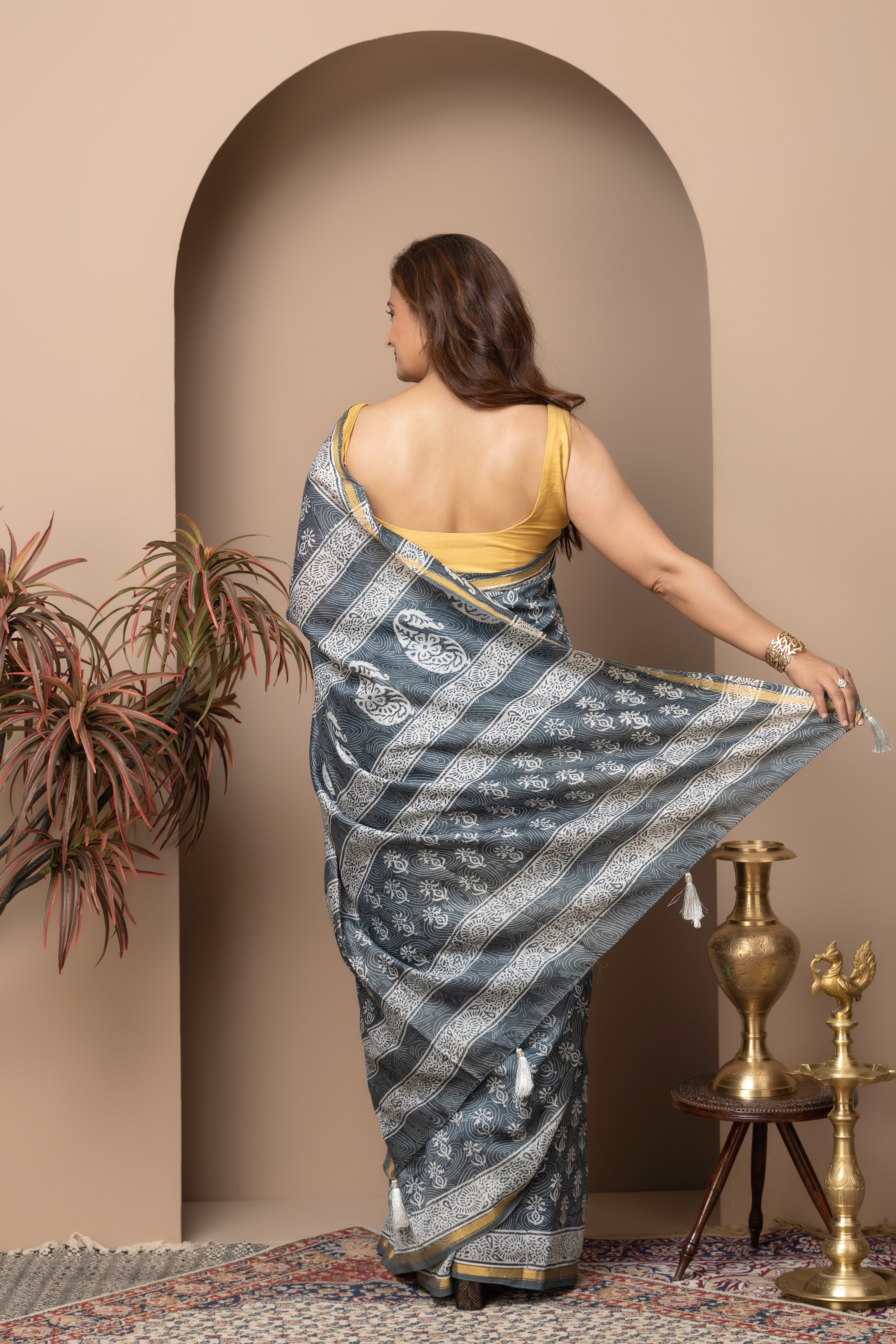 Chanderi cotton silk hand block grey-blue saree
