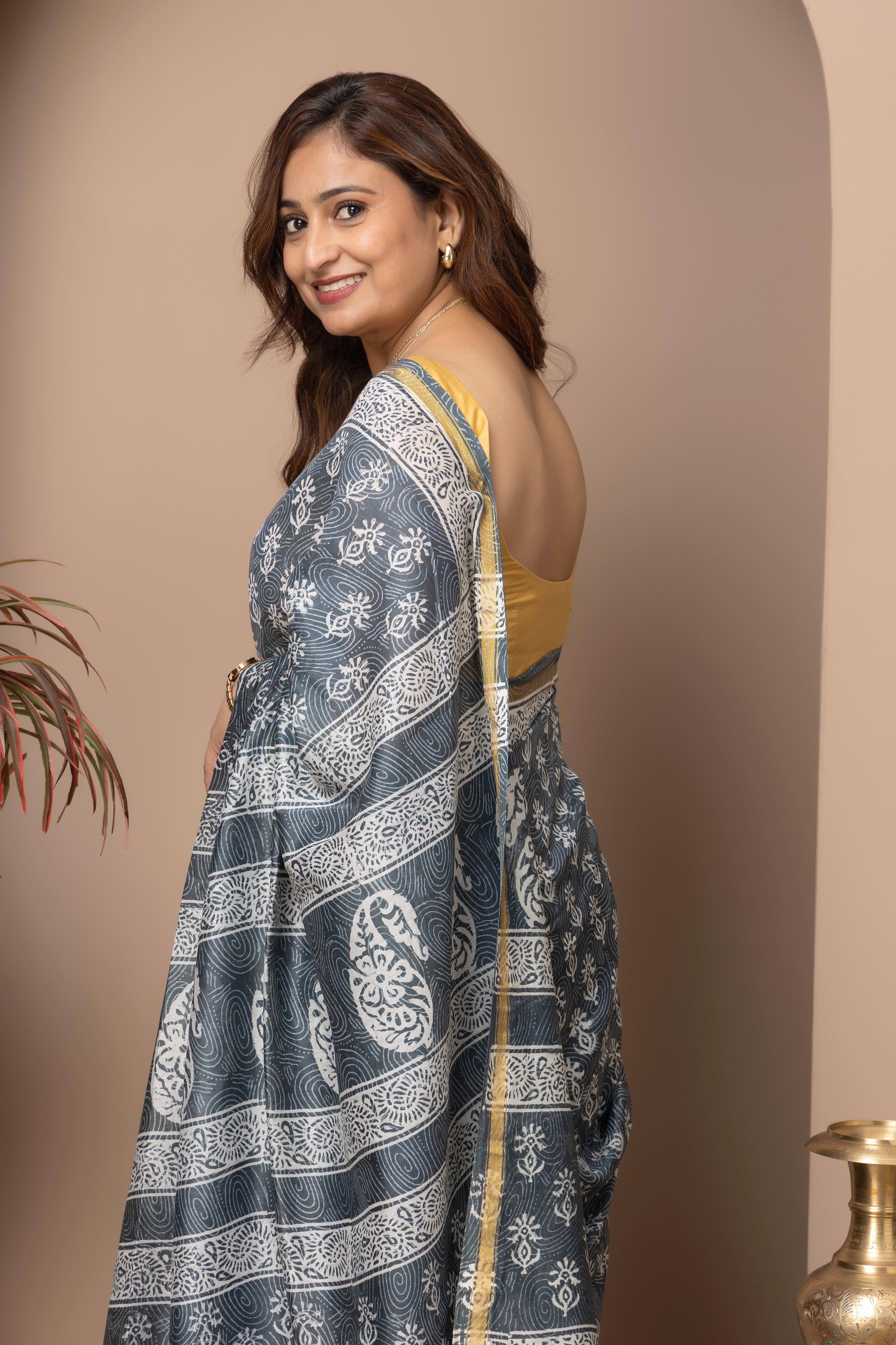 Chanderi cotton silk hand block grey-blue saree