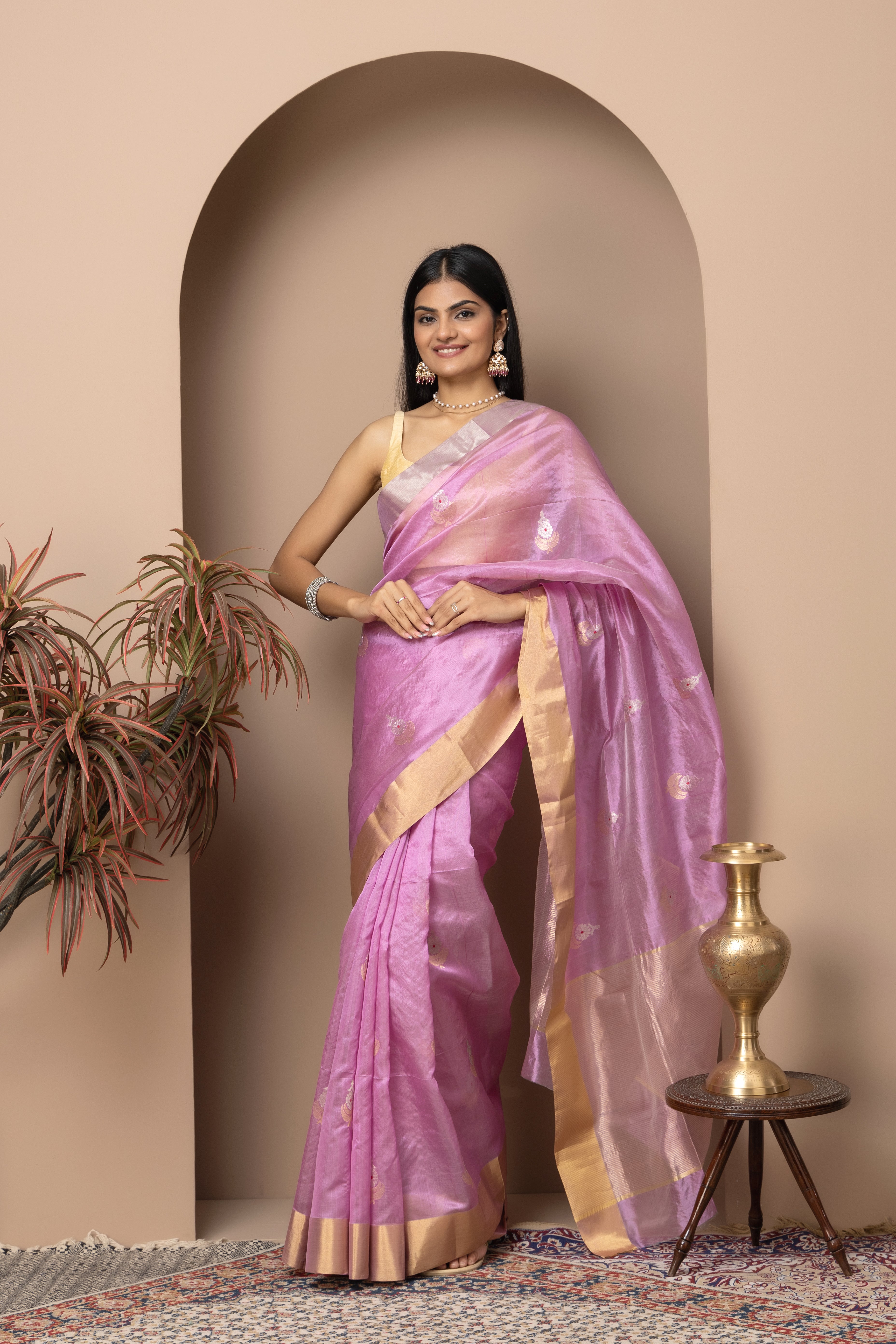 Chanderi handwoven pure pattu silk mauve colour saree