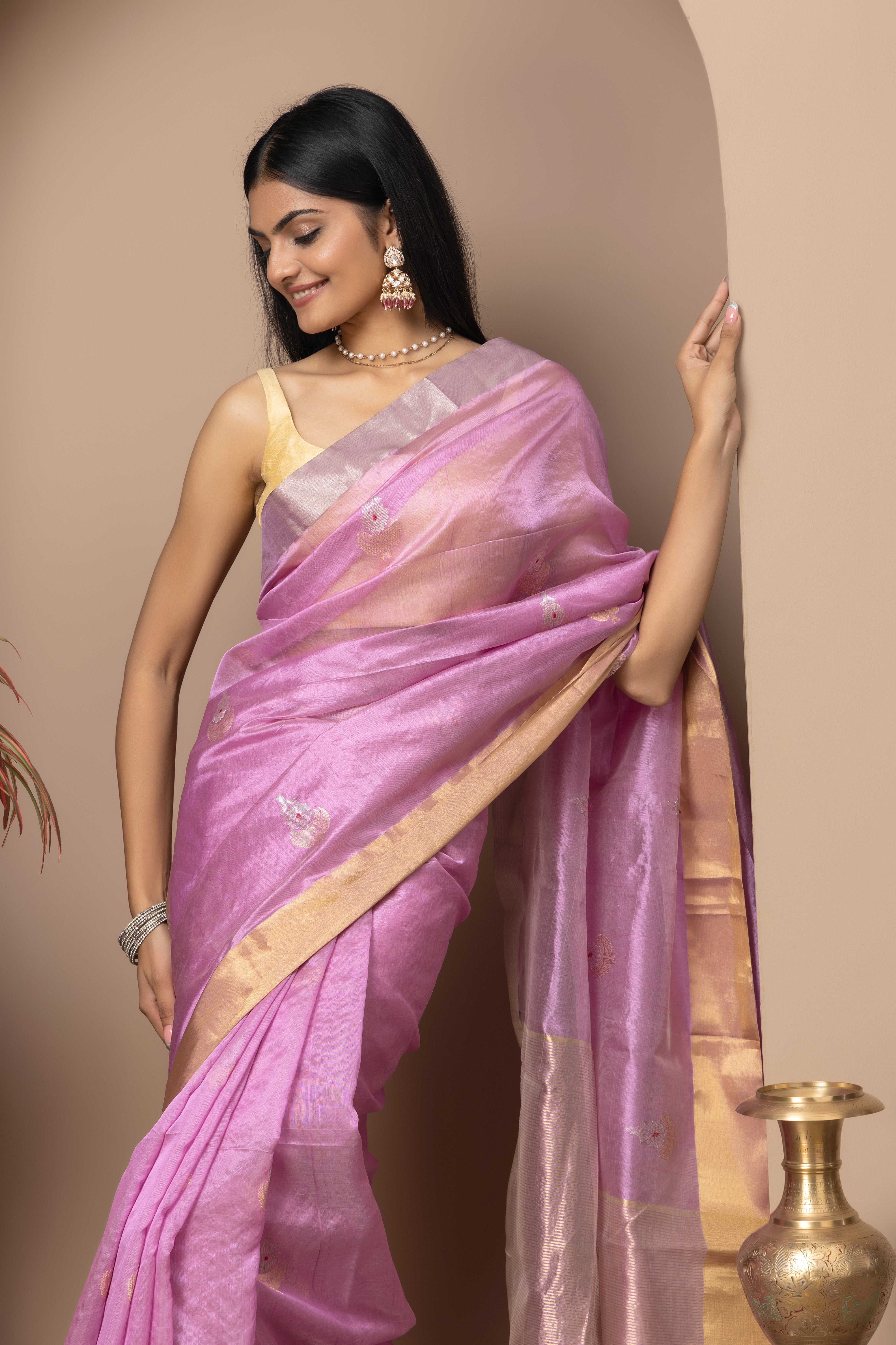 Chanderi handwoven pure pattu silk mauve colour saree