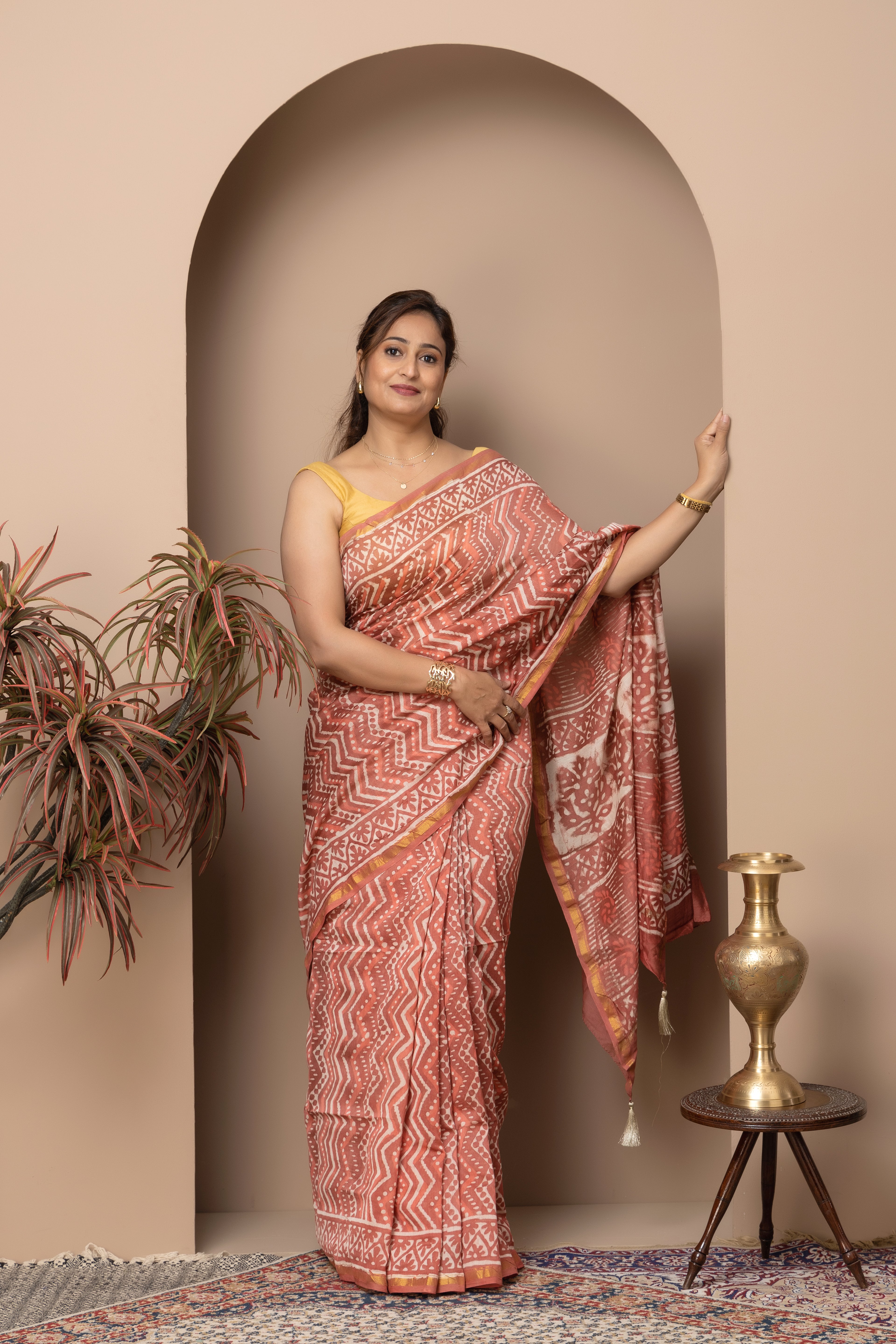 Chanderi cotton silk hand block coral pink saree