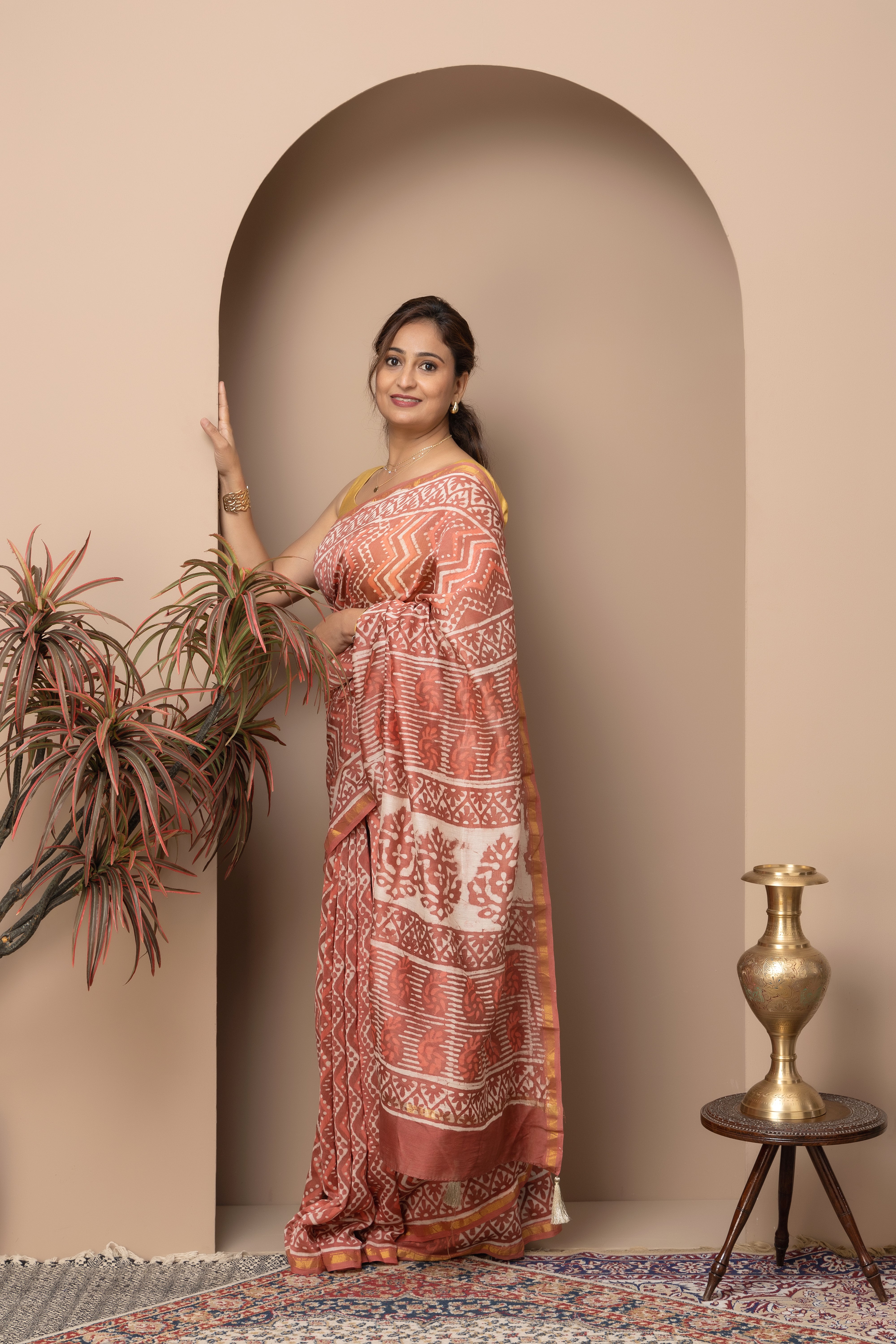 Chanderi cotton silk hand block coral pink saree