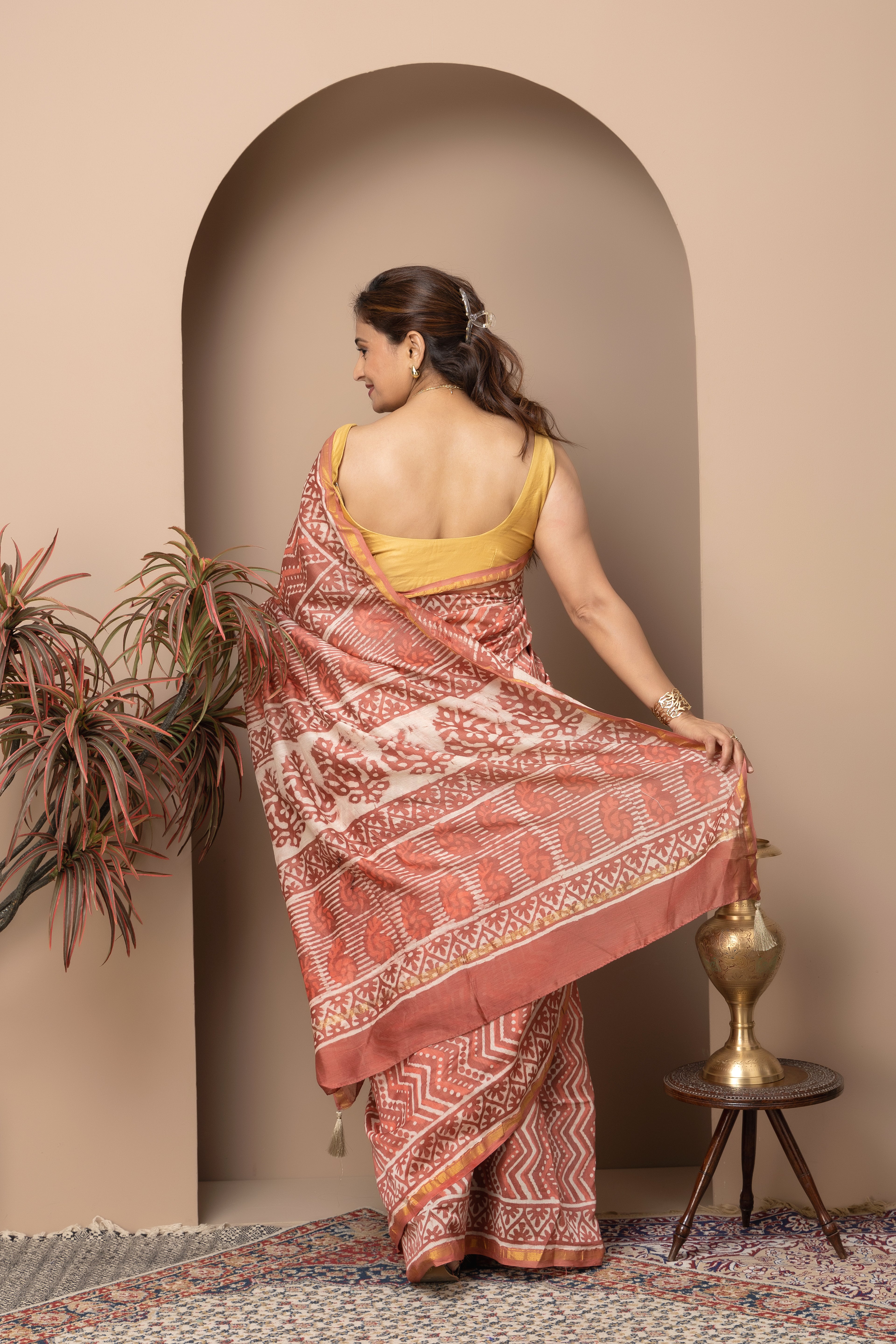 Chanderi cotton silk hand block coral pink saree